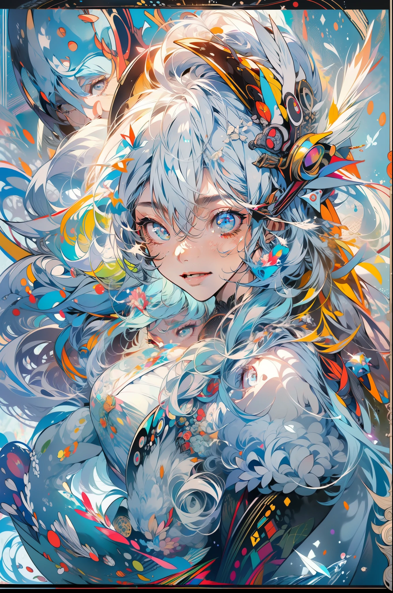 (Highest Quality), (Masterpiece), (Super Detailed), (Eye Detail: 1.0), (Lens Flare: 1.0), ( Poster: 1.0), (Tarot Border: 1.0), Portrait Center, (Closeup: 1.0), (Negative Space: 0.8), (Negative Space: 1.6), (Solo), (Floating Color Mesh: 1.0), (Many Color Spikes: 1.0), (Floating Droplets: 1.0), ( Water Magic: 1.0), (Dappled Sun, Rays, Caustics: 1.2), (Iridescence: 1.0), (Beautiful Detail Halo: 1.0), (Lean Back: 1.2), (Grim Expression: 1.0) ,(small:1.0),(open mouth:1.0),(eyelashes),one eye closed,(light blue hair:1.4),(long hair:1.0),(facing viewer:1.3),(head tilt : 1.0), (dynamic pose: 1.1), (asymmetrical hair: 1.2), (orange, (casual, casual), (layered skirt), (gray eyes: 1.4), oblique bangs, high double ponytail, diamond hair ,long coat,(flowing cloak: 1.0),,(abstract background:1.4),(:1.1),(jump:1.1),(tan:1.1),(upper body:1.25),thinking,pupil,++,co-feather , strapless, tights, (white gloves: 1.3), black and red double horns, sleepy