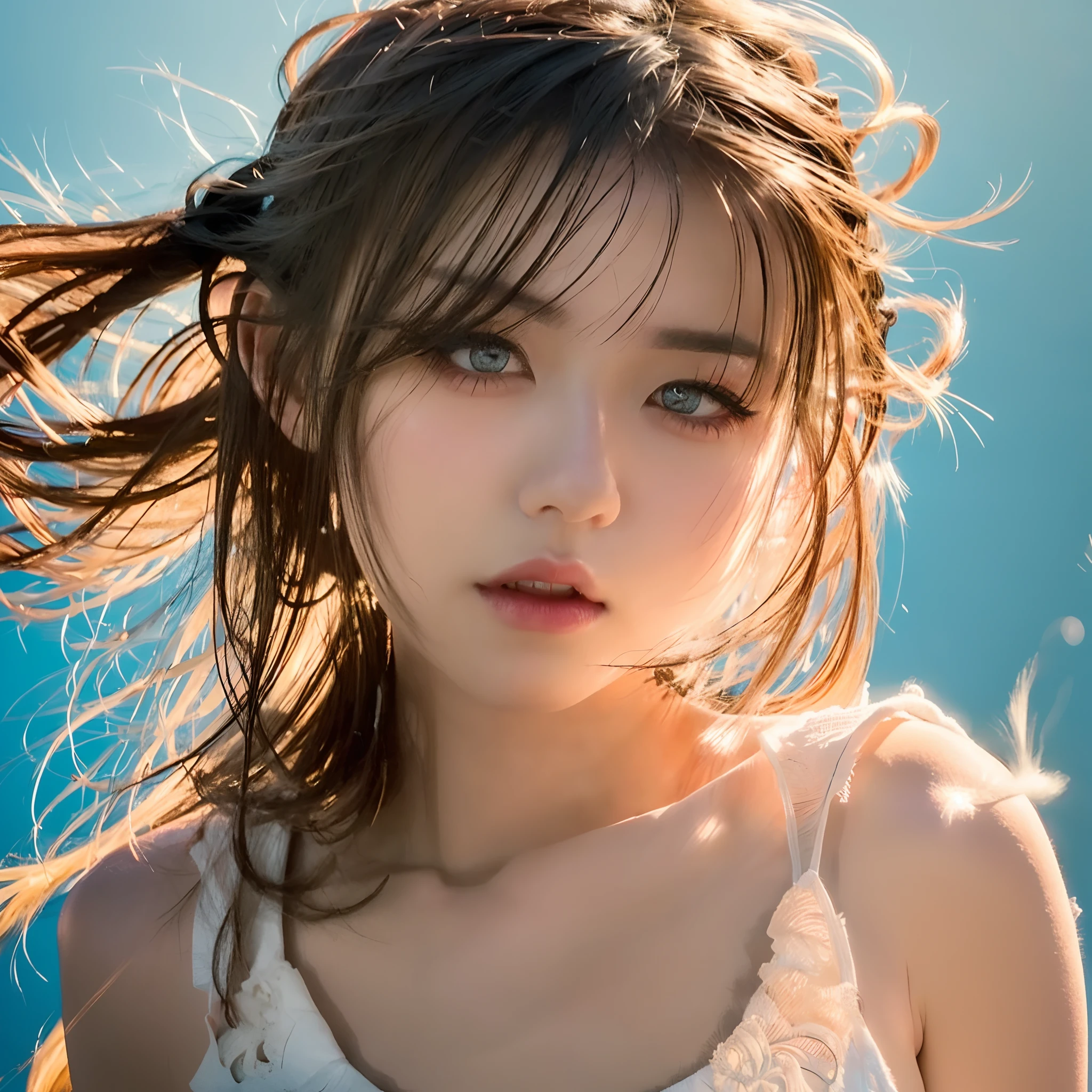 (Masterpiece), (Best Quality), (Super Detail), (disheveled Hair), (Illustration), (One Girl), (Fashionable Clothes), Standing, Fashion Model, Beholder, (Interview), (Simple Background), Finely Beautiful Eyes, Delicate Beautiful Face, Floating, (High Saturation), (Colorful Splash), Colorful Bubble, (Shine), Focus on the Face, Ponytail, Light Yellow Hair, Bangs, Hair Rings, Floating Flowers, Floating Hairs, (Shining), Best Lighting, Best Shadows