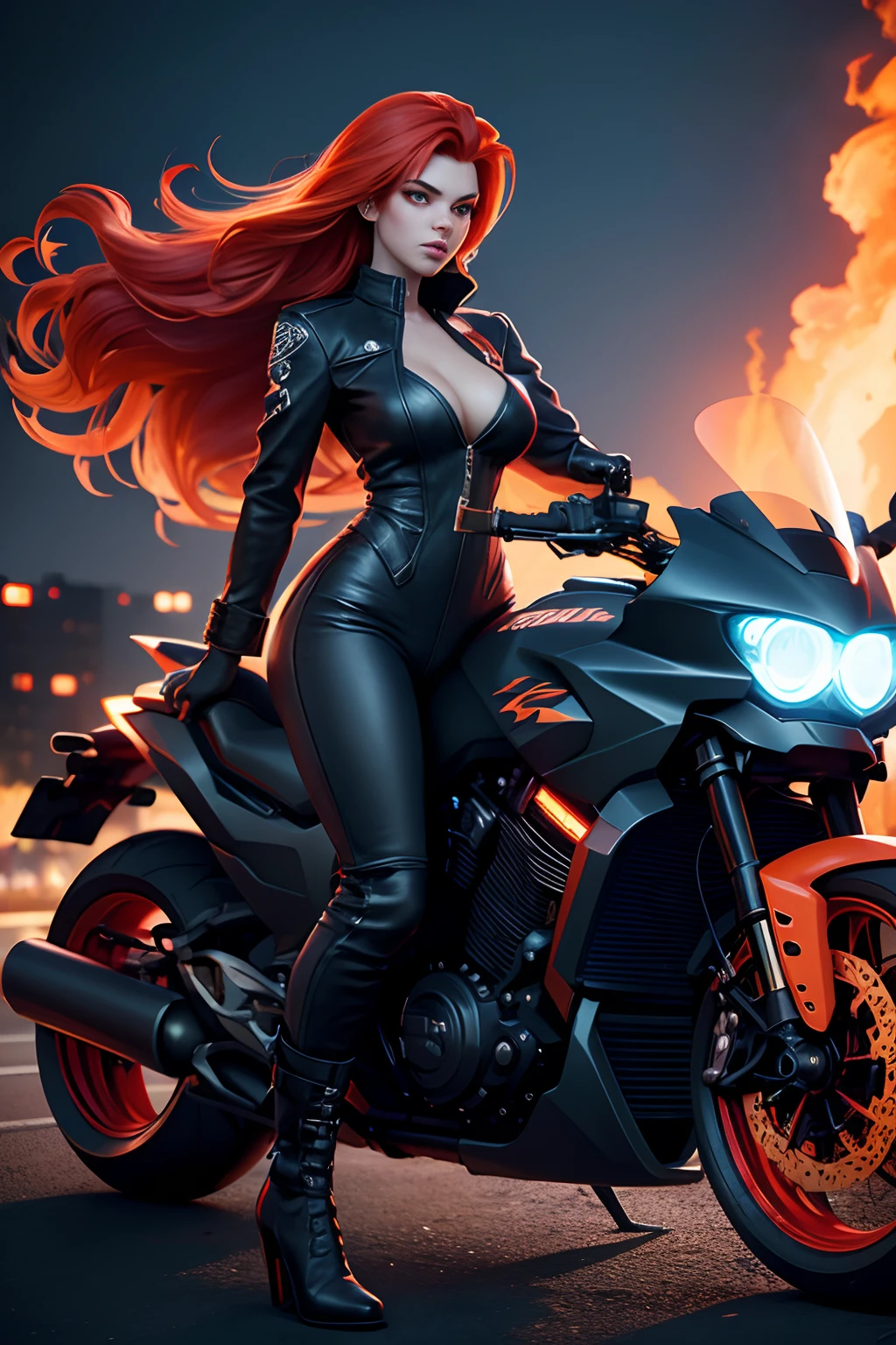Amidst the darkness of an abandoned, neon-lit cityscape, a fiery redheaded woman emerges as a blazing beacon of supernatural power. She straddles a sleek motorcycle that's wreathed in blue flames, with its wheels leaving fiery trails in their wake. The woman's hair flows wildly, engulfed in flames that match the intensity of her blazing eyes. Her leather-clad figure radiates an aura of otherworldly energy, as if she's a modern-day specter of vengeance, ready to deliver justice to the supernatural realm