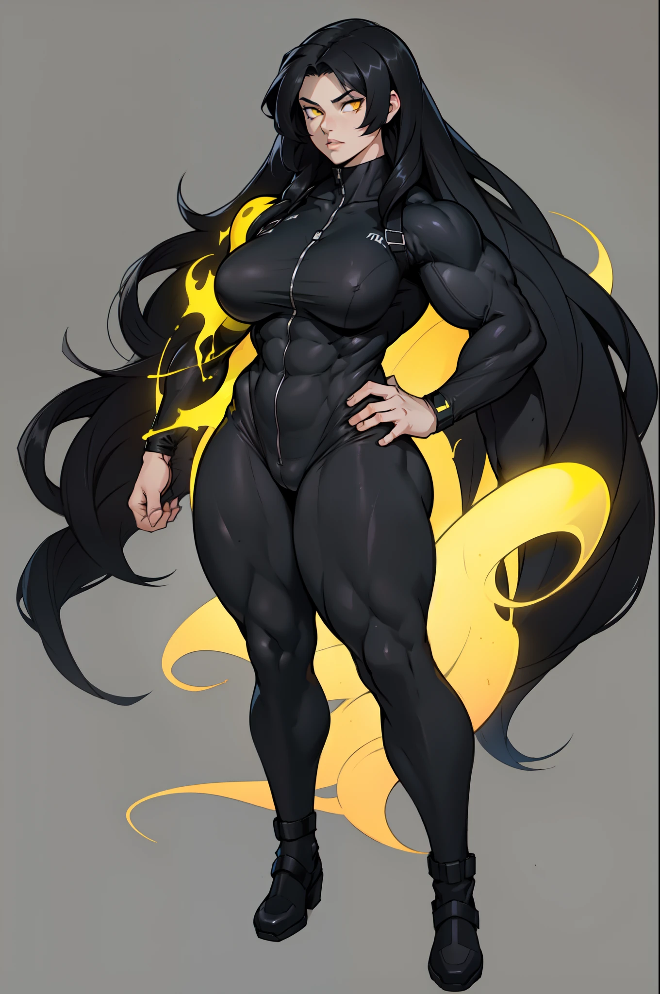 (very long hair), ((grey background)), (((((1 girl))))), black hair, yellow eyes, (((((muscular))))), tall, pale skin, (full body), (black bodysuit), (solo), curvy, wide hips, thick thighs, big breasts