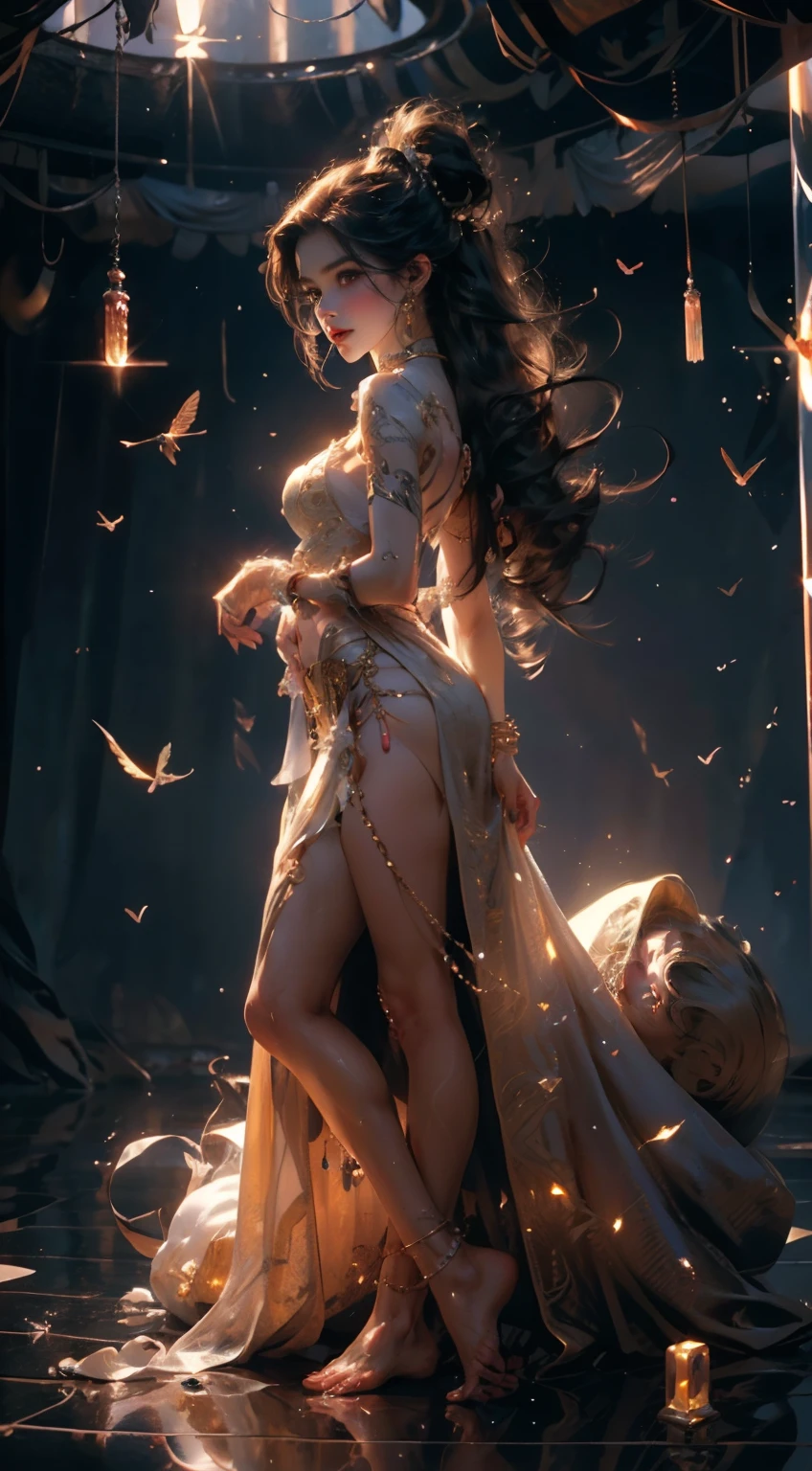 (RAW: 1.2), (Realistic: 1.4), (Clarity: 1.4), (Two women), , ((Height: 2.0)), ((Obesity: 1.6)) ((Tongue nails), (Lip nails), (Umbilical nails), (Precious stones refract dazzling light))), ((Breasts: 1.8), (Areola: 2), (Abs: 0.7), (Glutes: 2.0), (Pale skin, thin skin, seductive expression, double eyelids, lips with gelatinous texture, glossy lips, small cherry mouth, small lips turned up, lip pins under the lips, pattern under the eyes, golden pattern tattooed on the forehead, diamond fixation on the forehead, shiny hair on the forehead, (((flawless skin texture)))), real pores, textured skin, (using gems, pearls, emerald, amber,), (dynamic hair, high ponytail hairstyle, frizzy hair clips, layered hair, wet hair, loose hair, wet skin texture), sweat dripping throughout, shiny skin, glowing skin, radiant, eyes looking at camera, High Quality Detail, Cinematic Lighting, ((Backlight)), Absurd, Unbelievably Ridiculous, Huge File Size, Ultra Detailed, High Resolution, Very Detailed, Best Quality, Masterpiece, Illustration, Very Detailed, CG, Unified, 8k Wallpaper, Incredible, Fine Detail, Masterpiece, Light on Face, Backlight, Cinematic lighting, (((Wide-Angle Lens)))), (((Fisheye))), ((Side to Lens)), ((Bottom View)), (((Tall Jumper Height Proportions)), ((())),(())),(No Socks))),(No Skirt))),((No Shoes))),(Barefoot))),((Dynamic Pose)), (Fighting Posture))), ((Full Body))), ((Leg Elevation)), (Leg Clearance))))), (Greek Foot), (Carefully Manicured Nails),((Delicate Little Fingers, Perfect Fingers)))), (Camel Fingers), ((Correct body structure)),(((Correct dissection))),((Clothing: transparent cheongsam made of transparent plastic, high slit design))),(Precious stones, diamonds, pendants, necklaces, waist chains, earrings
