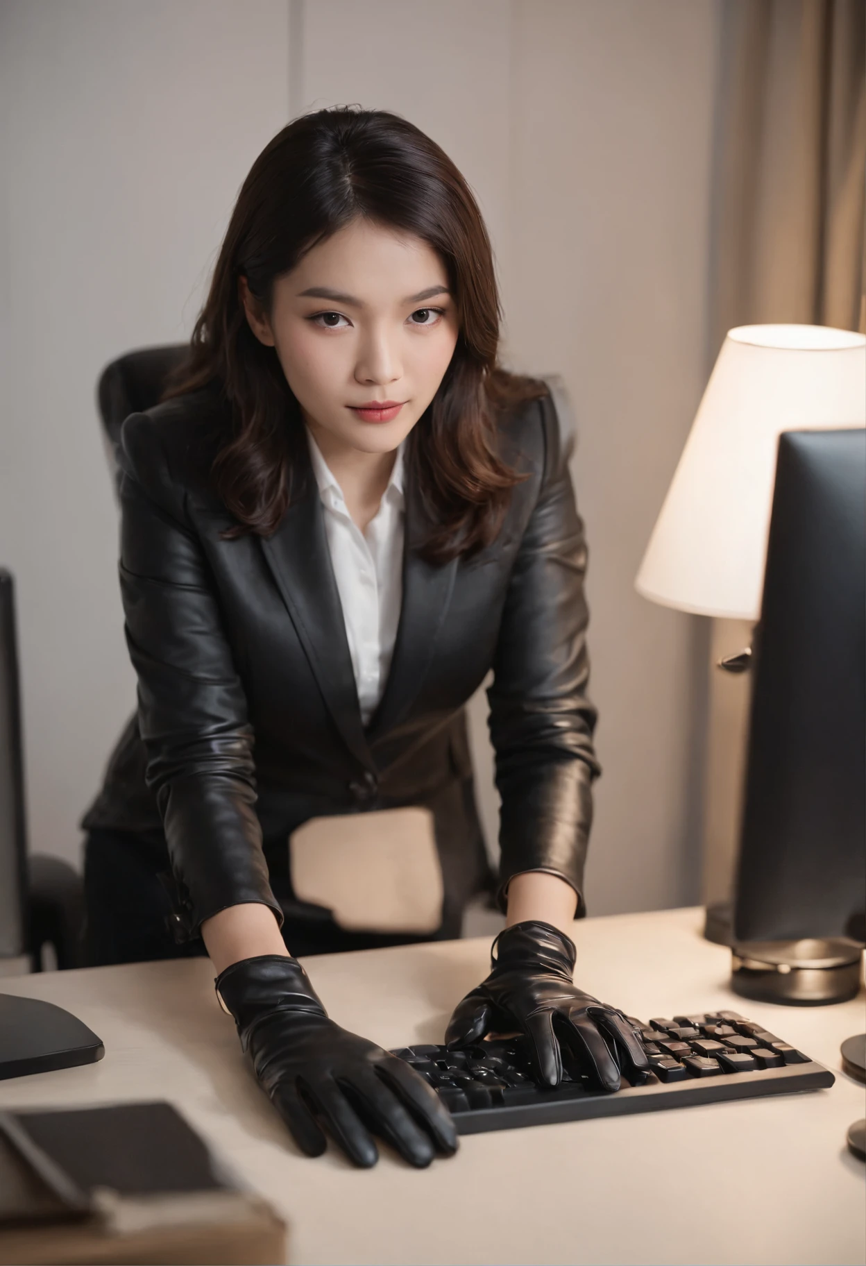 Wearing black leather gloves on both hands, Upper body, Black business suit, Facing the desk in my room with a computer in the dark, Tapping the keys on the computer keyboard with the fingertips of black leather gloves while looking at the screen, Black hair was tied back for a long time, Japan Female New Employees (Black leather gloves cover both hands) (The angle is frontal)