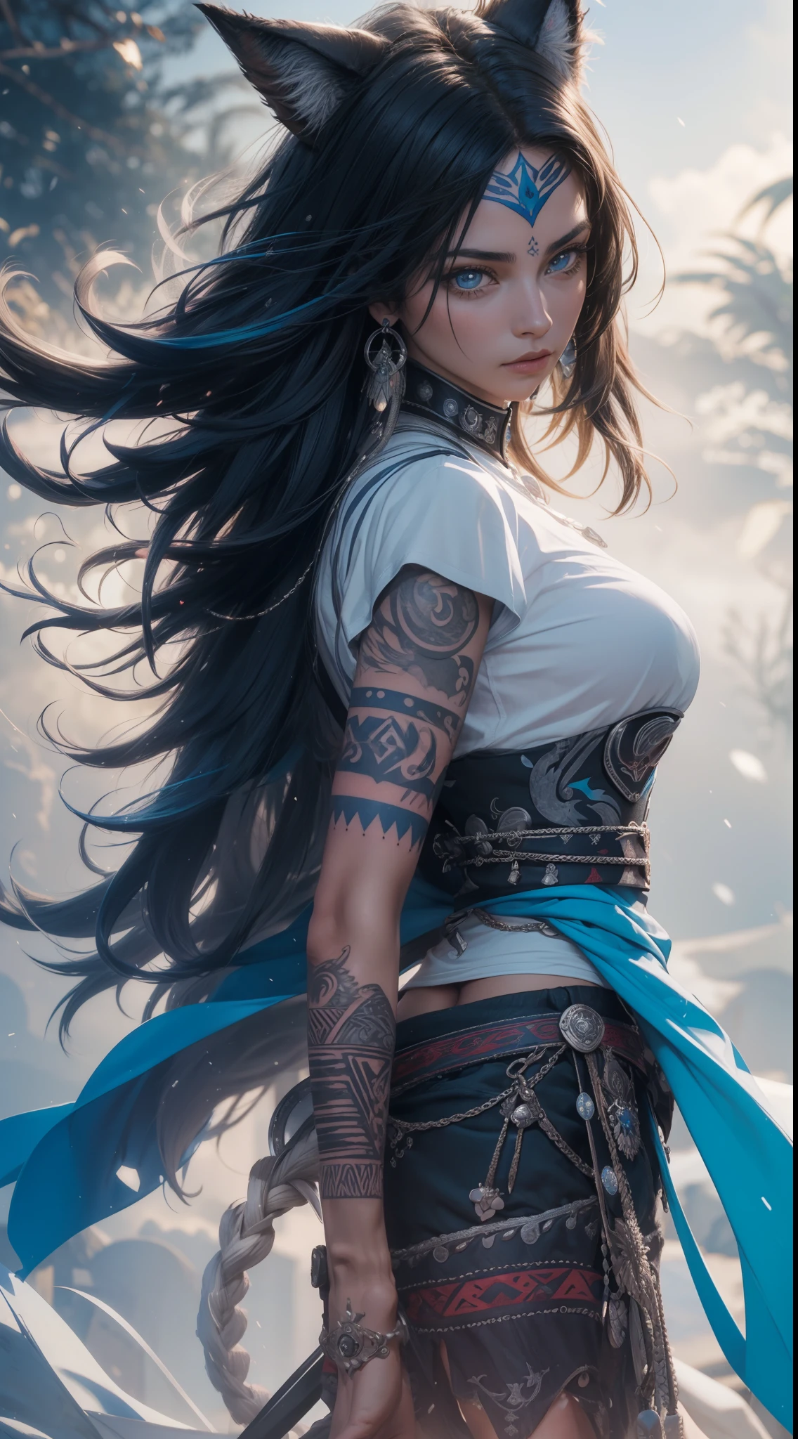 obra maestra, Disparo de vaquero, (1mujer), (Zorro blanco), (Vestimenta tribal:1.2), (Hermosos ojos azules), ((tribal (Aquila) tatuaje)), colores blanco y azul, Fondo brumoso, dynamic pose, (mirando al espectador), (Front view),( lobo:1.4),(desde el cielo), (Bokeh:1.2),8k, 。.............3D, realista, Ultra Micro Photography, of the highest quality, Super detalle CG Unity 8k