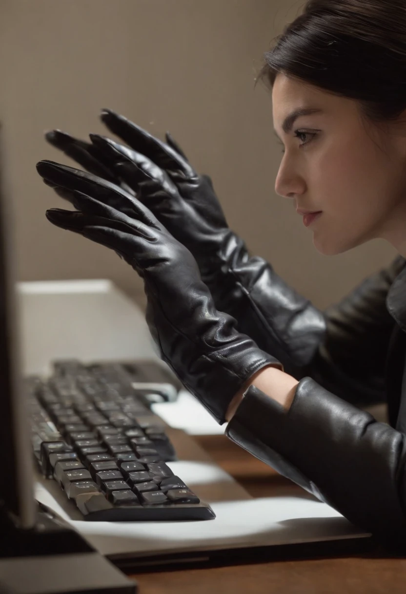 Wearing black leather gloves on both hands, Upper body, Black business suit, Facing the desk in my room with a computer in the dark, Tapping the keys on the computer keyboard with the fingertips of black leather gloves while looking at the screen, Black hair was tied back for a long time, Japan Female New Employees (Black leather gloves cover both hands) (The angle is frontal)
