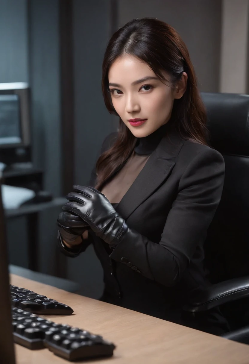 Wearing black leather gloves on both hands, Upper body, Black business suit, Facing the desk in my room with a computer in the dark, Tapping the keys on the computer keyboard with the fingertips of black leather gloves while looking at the screen, Black hair was tied back for a long time, Japan Female New Employees (Black leather gloves cover both hands) (The angle is frontal)