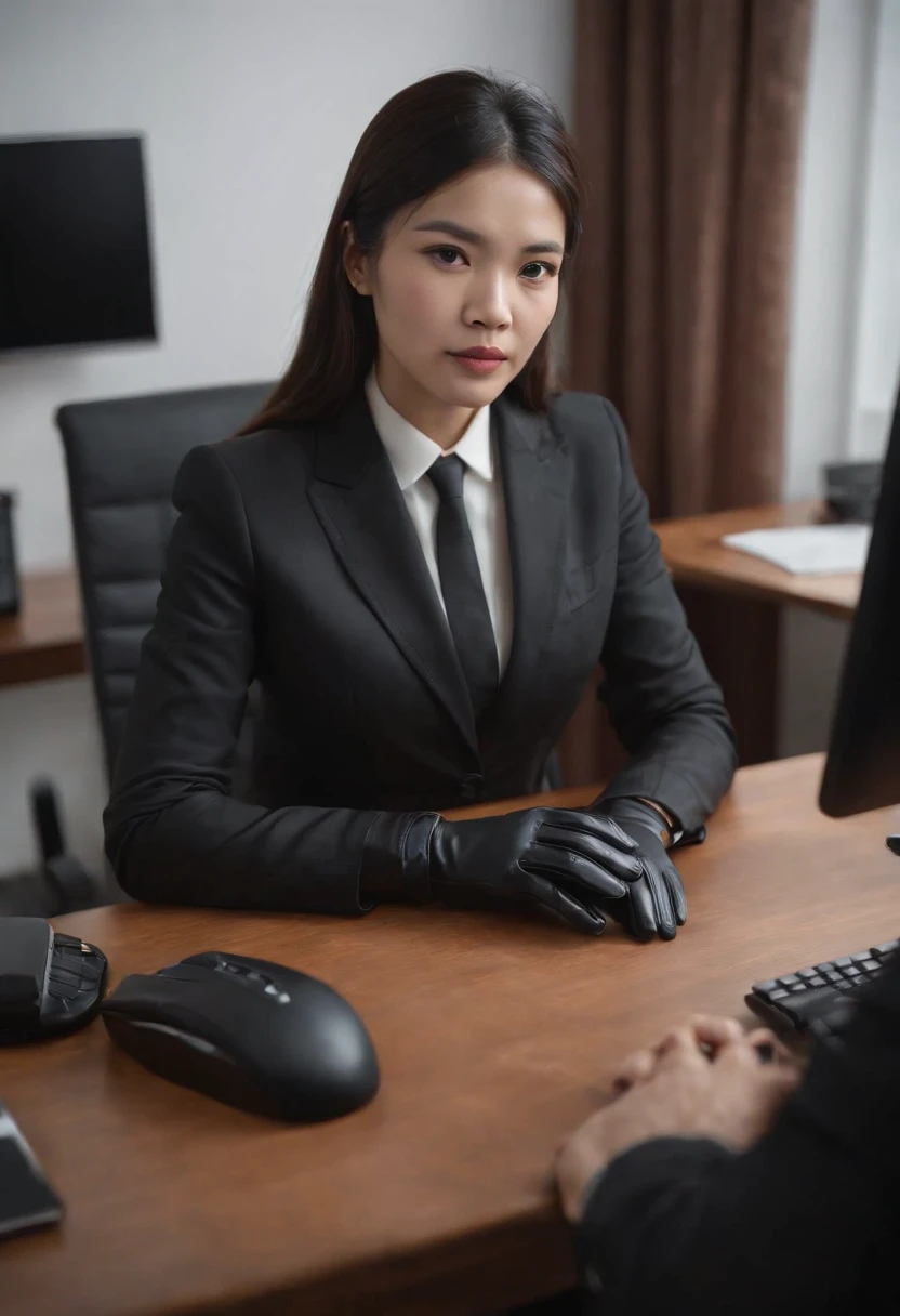 Wearing black leather gloves on both hands, Upper body, Black business suit, Facing the desk in my room with a computer in the dark, Tapping the keys on the computer keyboard with the fingertips of black leather gloves while looking at the screen, Black hair was tied back for a long time, Japan Female New Employees (Black leather gloves cover both hands) (The angle is frontal)
