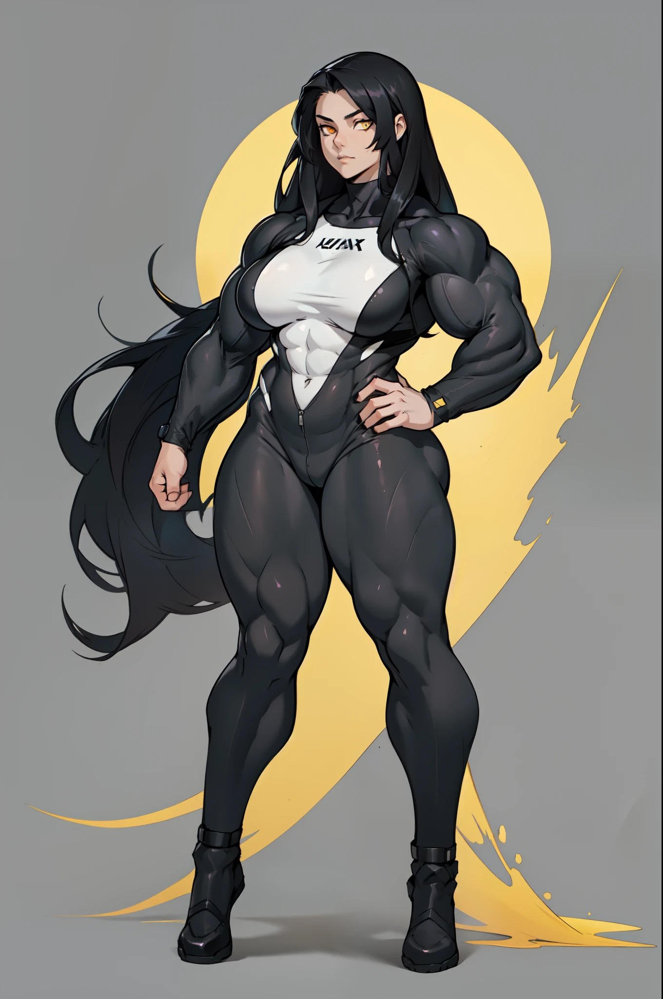 ((very long hair)), ((grey background)), ((((((1 girl)))))), black hair, yellow eyes, ((((((muscular)))))), tall, pale skin, (full body), black bodysuit, (solo), curvy, wide hips, thick thighs, big breasts
