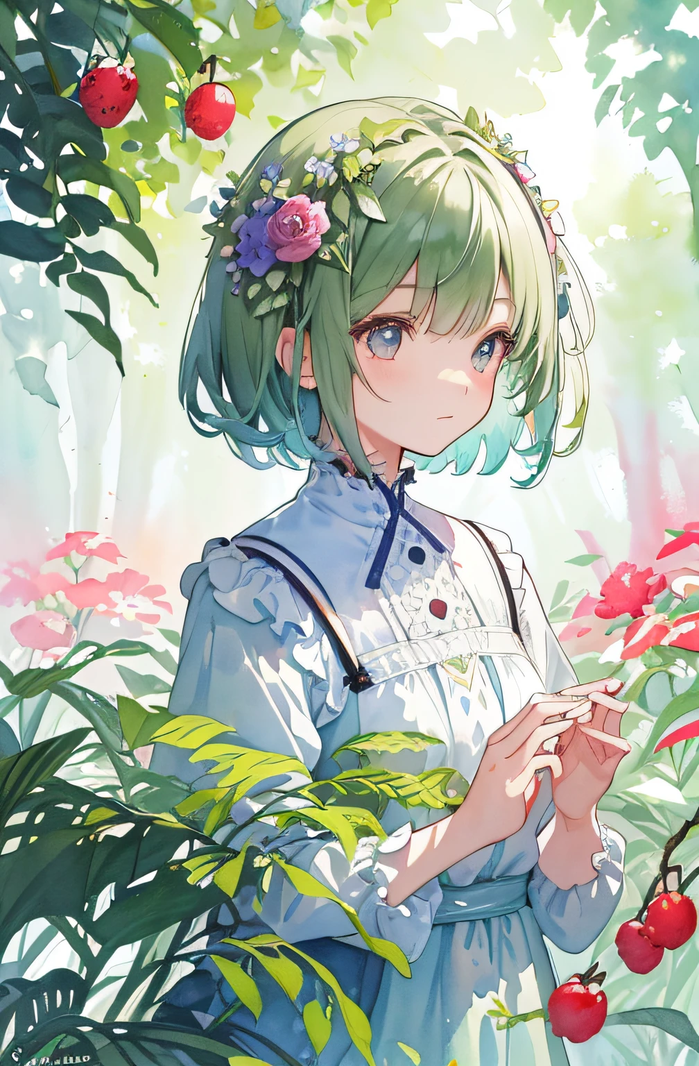 ((super detailed), #3b4195背景, beautiful flowers, berries, ferns, leaves, watercolor pattern of calming colors), (watercolor texture), ((1 girl), short hair, cute,
