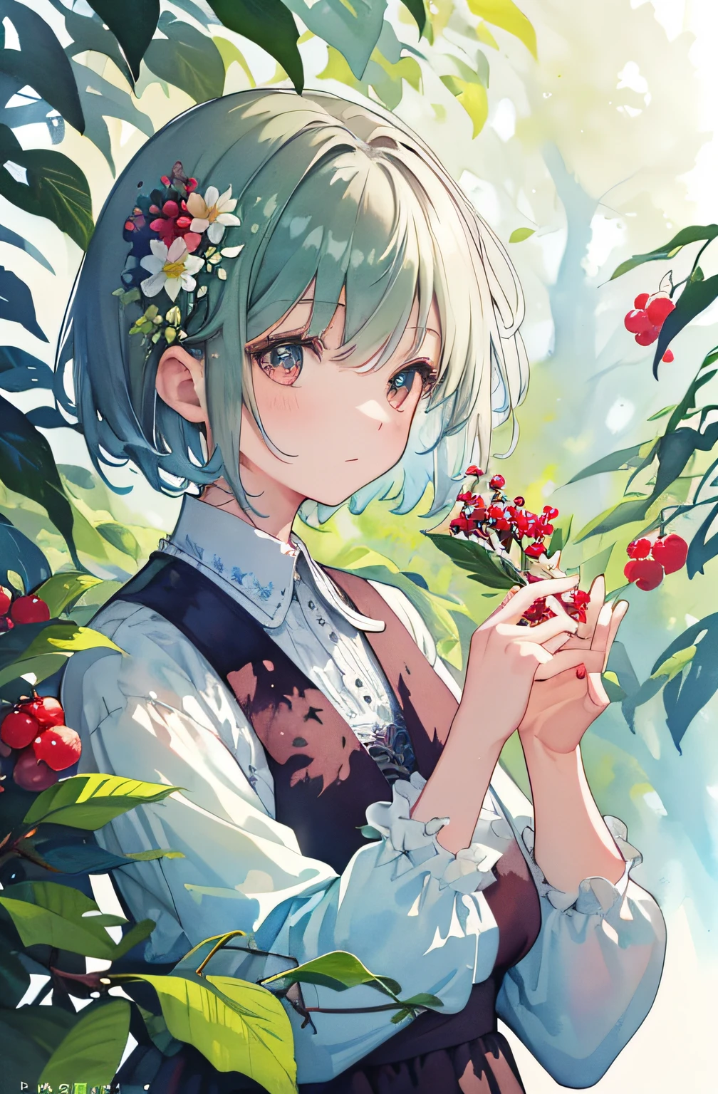 ((super detailed), #3b4195背景, beautiful flowers, berries, ferns, leaves, watercolor pattern of calming colors), (watercolor texture), ((1 girl), short hair, cute,