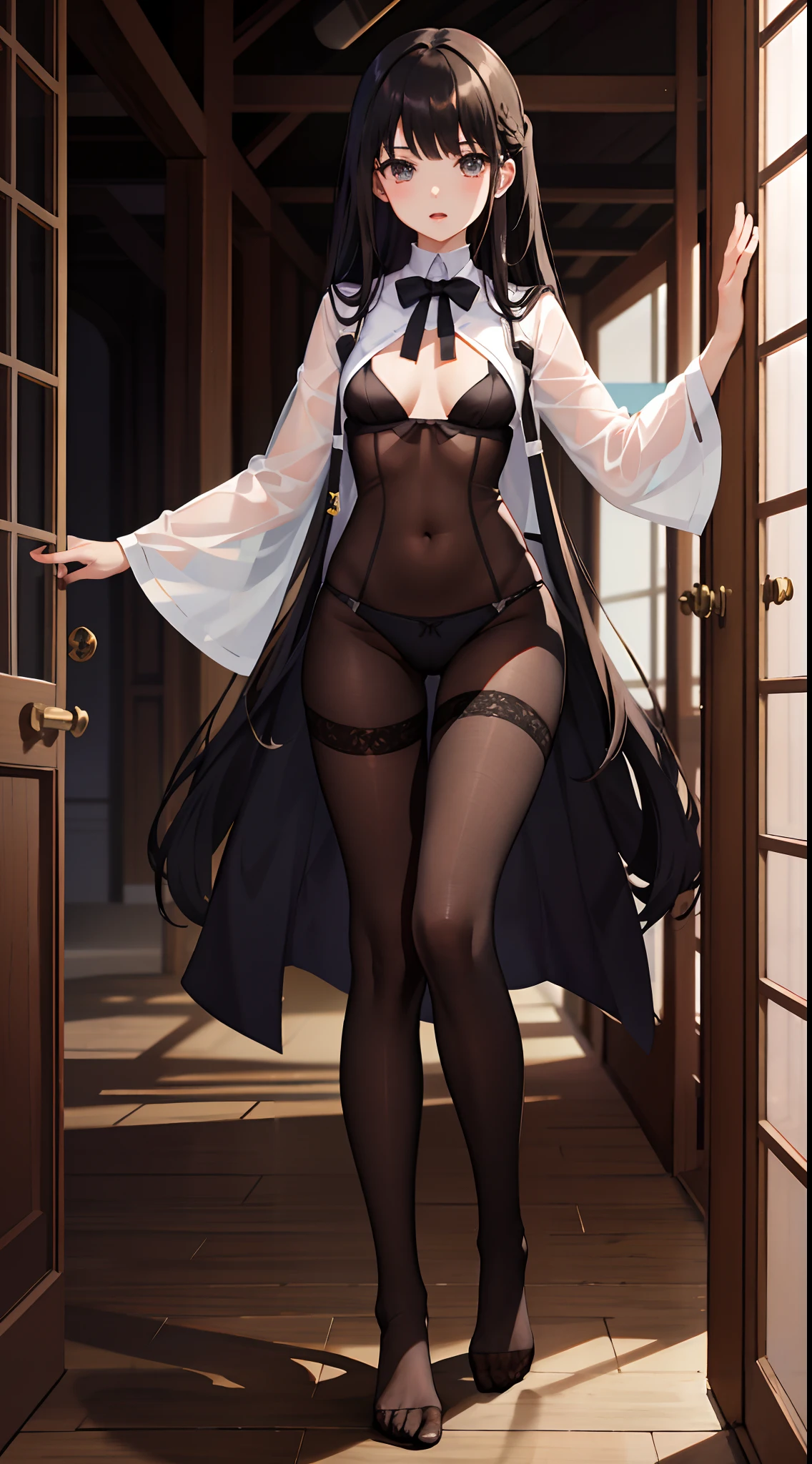 masterpiece、top-quality、best、超A high resolution、intricate-detail、An ultra-fine illustrations、perfect anatomia、Correct anatomy、perfectly proportions、face perfect、perfect hand、perfect leg、perfect fingers、18year old、女の子1人、Full body from head to leg、full bodyesbian、Facing the front、small tits、Front-facing、Lower body facing forward、Slender feet、Slender thighs、Slim toes、Panchira、Full body portrait、brown haired、Longhaire、Medium long haircut、red blush、slightly open mouth、The pure white blouse is open and the pure white bra is visible.、Black_stockings、black transparent stockings、Black stockings、Black pantyhose、Black lace pantyhose、black lence stockings、Black sheer pantyhose、Black transparent pantyhose、No shoes、No shoes on、Pure white panties under black stockings、Pure white underwear、Pure white panties、Japanese high school students、Blazer Uniform、pleatedskirt、Bedrooms、inside the house、during daytime、(small tits)、((full bodyesbian))、masterpiece、(top-quality)