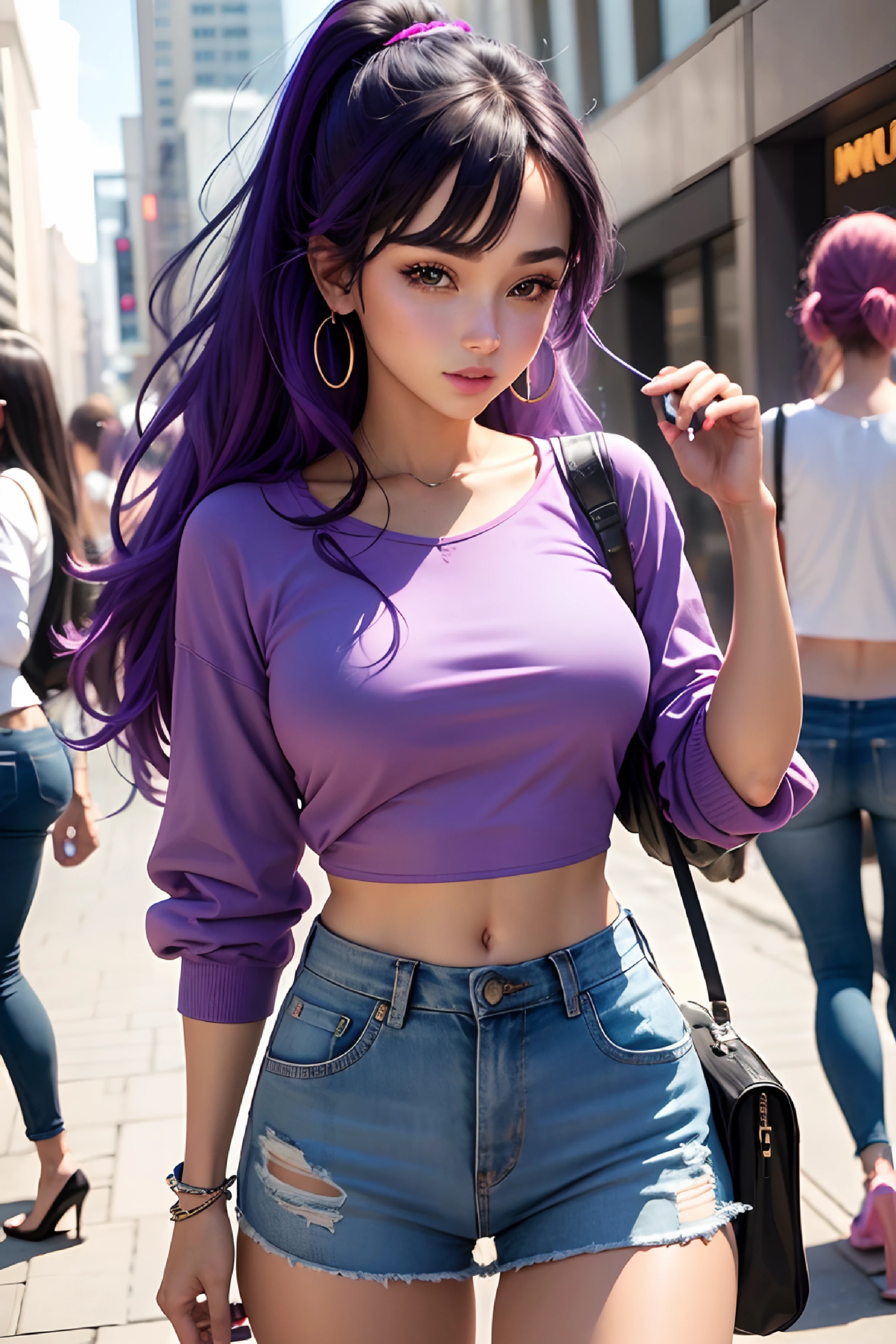 A group of 6 modern girls in different outfits: (best quality, vivid colors, realistic)
- 1girl with a crop top and jean pants,
- 1girl wearing a t-shirt and mini Jean skirt,
- 1girl in a blouse and soft jean legging,
- 1girl wearing a midi jean skirt and blouse.
- The background has a vibrant violet and lavender color.
- The girls' outfits are colorful and eye-catching.