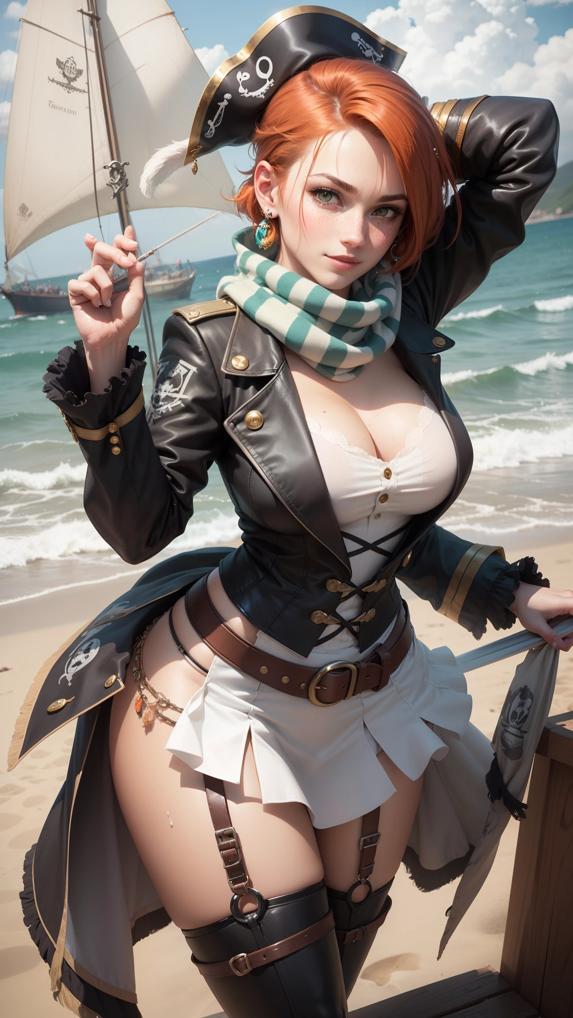 gwen tennyson,tracer,sinon,houshou marine,yorha 2b,atelier ryza,pirate outfit,beach,teenager,green eyes,thigh high boots,garter belt,striped panties, short hair,orange hair,pirate ship,shy smile,white striped top,tight skirt,wet body,freckles,redhead,pirate corset,pirate jacket,beautiful girl,large breasts,ultra detailed,realistic,pearl earrings,long scarf,