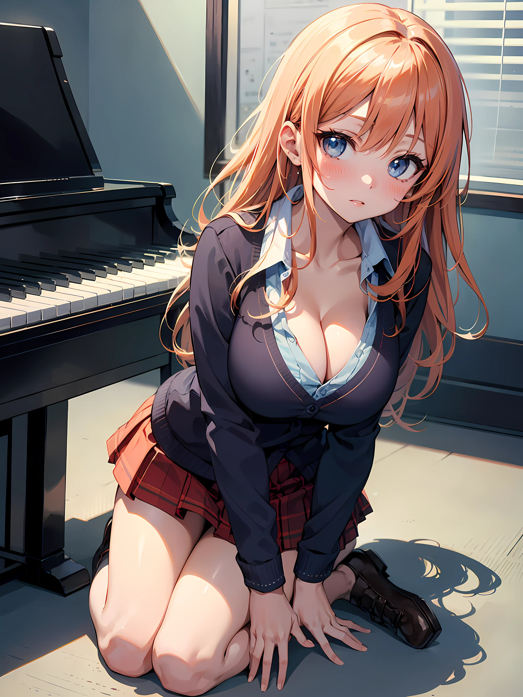 (masterpiece:1.3), (Best Quality:1.3), (Ultra-detailed:1.2), ((kawaii)), Cute, (lovely), ((sexy)), ((Extremely detailed)), 4K, (8K), Best Quality, (Beautiful), Illustration, anime style, (bold line:1.2), Gradation, looking at viewer, //, (wariza), (Hands on knees:1.2), (Use your arms to bring your chest to the center), //, a cute girl, 1girl, (solo:1.2), //, (huge breasts), (Perfect eyes:1.2), (Perfect iris:1.2), //, Semi-long with waves hair style, Orange hair color, (beautiful eyes) //, (sexual expression:1.2), Fascinated expression, (cool:1.2), (blush:1.2), //, School uniform, (Emphasizing cleavage), mini Skirt to see underwear, //, School music room, scattered instruments and shadows of music stands, //, gleaming skin,