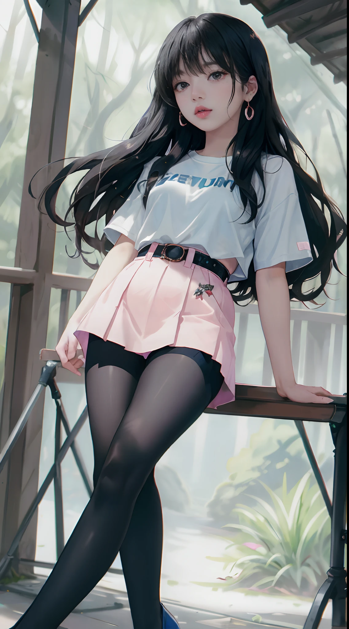 ((Lisa from Blackpink)), white t-shirt, tiny blue pleated skirt, pink panties, black tights to the waist, black high heels, close-up from thighs to face, shot from below, very fair skin, very long hair, wavy hair, camp, Forest, photorealistic, Indirect lighting, volumetric light, ray tracing, hyper-detailed, best quality, very high resolution, HDR, 8k