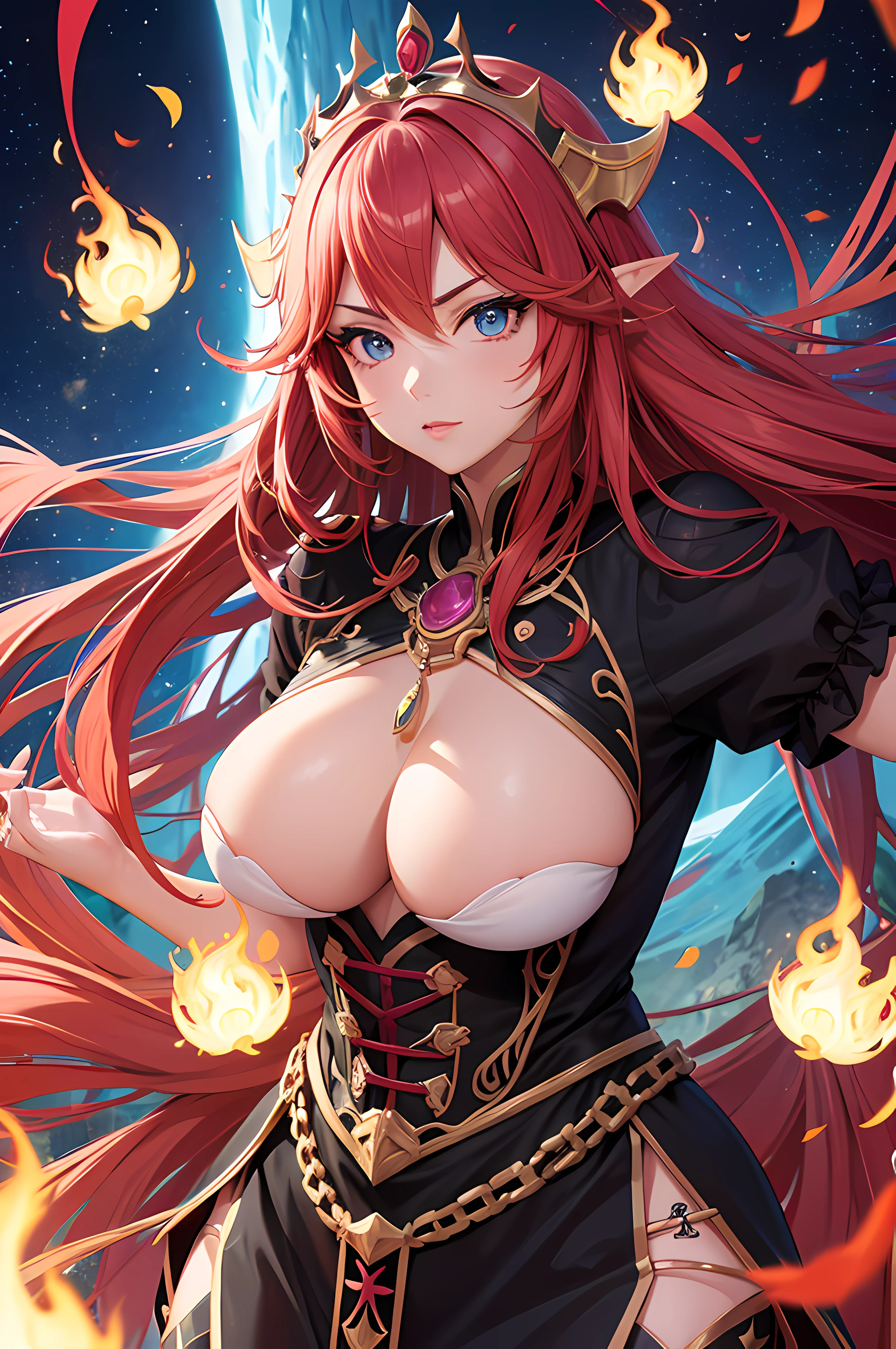 Reina demonio, gigantesca, hermosa, pelo rosa, fantasy, joven, aura poderosa, estilo anime, ojos azules, madura, mirada tierna