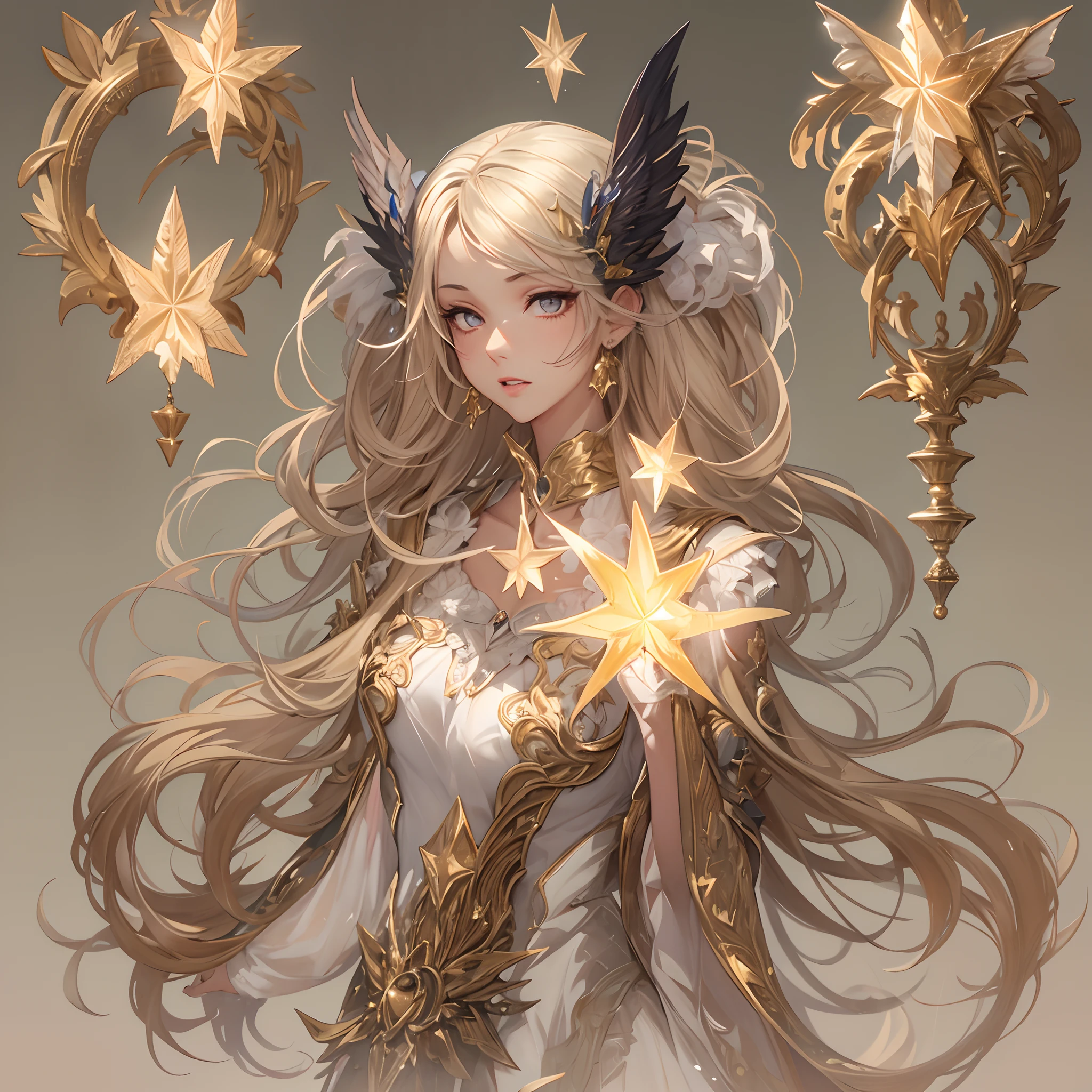 ((Masterpiece, Highest quality)), Detailed face, CharacterDesignSheet， full bodyesbian, Full of details, Multiple poses and expressions, Highly detailed, Depth, Many parts，beuaty girl，summoning，golden colored，estilo fantasia，lacepantyhose，Extremely beautiful，High Balance, Natural light,Star decoration