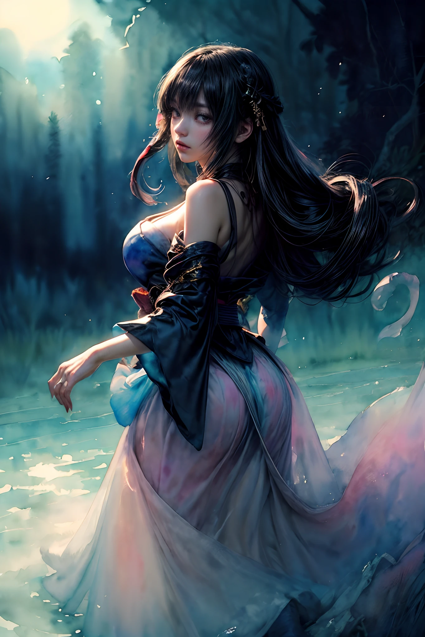 (masterpiece, top quality, best quality, official art, (beautiful and aesthetic:1.4), (watercolor:1.4) ), (Tsukuyomi:1.5), Japanese mythology deity, ephemeral beauty, ethereal presence amidst the moonlight, divine elegance, serene and contemplative expression, celestial garments flowing, silver radiance illuminating the nocturnal landscape, a dance of shadows and light, whispers of ancient lore