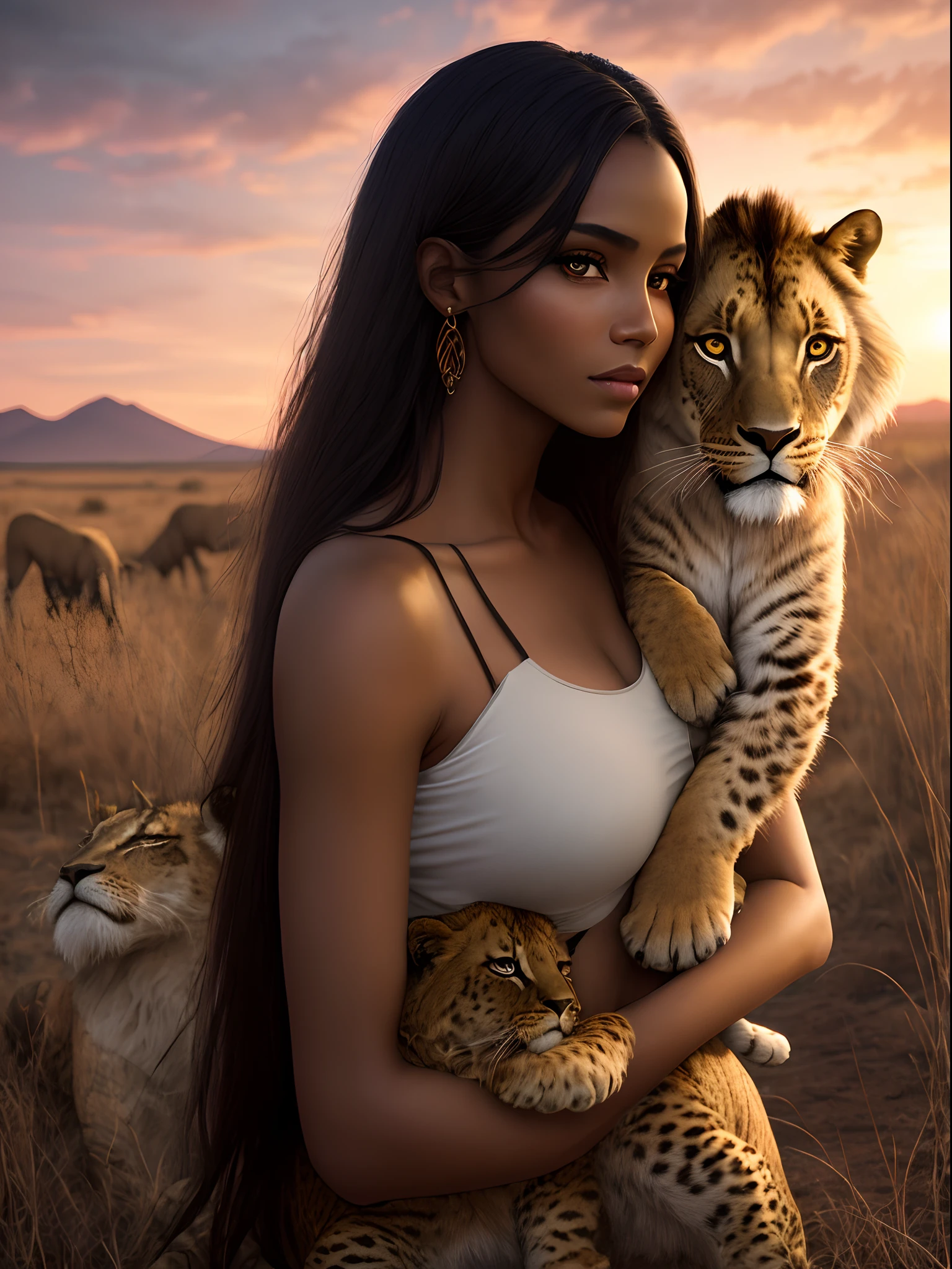 A realistic image of the ethnic model of the most beautiful woman in Africa, Fotografia, Estilo de Retrato, Inspired by Fashion and Beauty Photographers, Lente: 50mm, Medium plan, natural lightting, 8K resolution on sunset, holding a lion cub on the savannah.