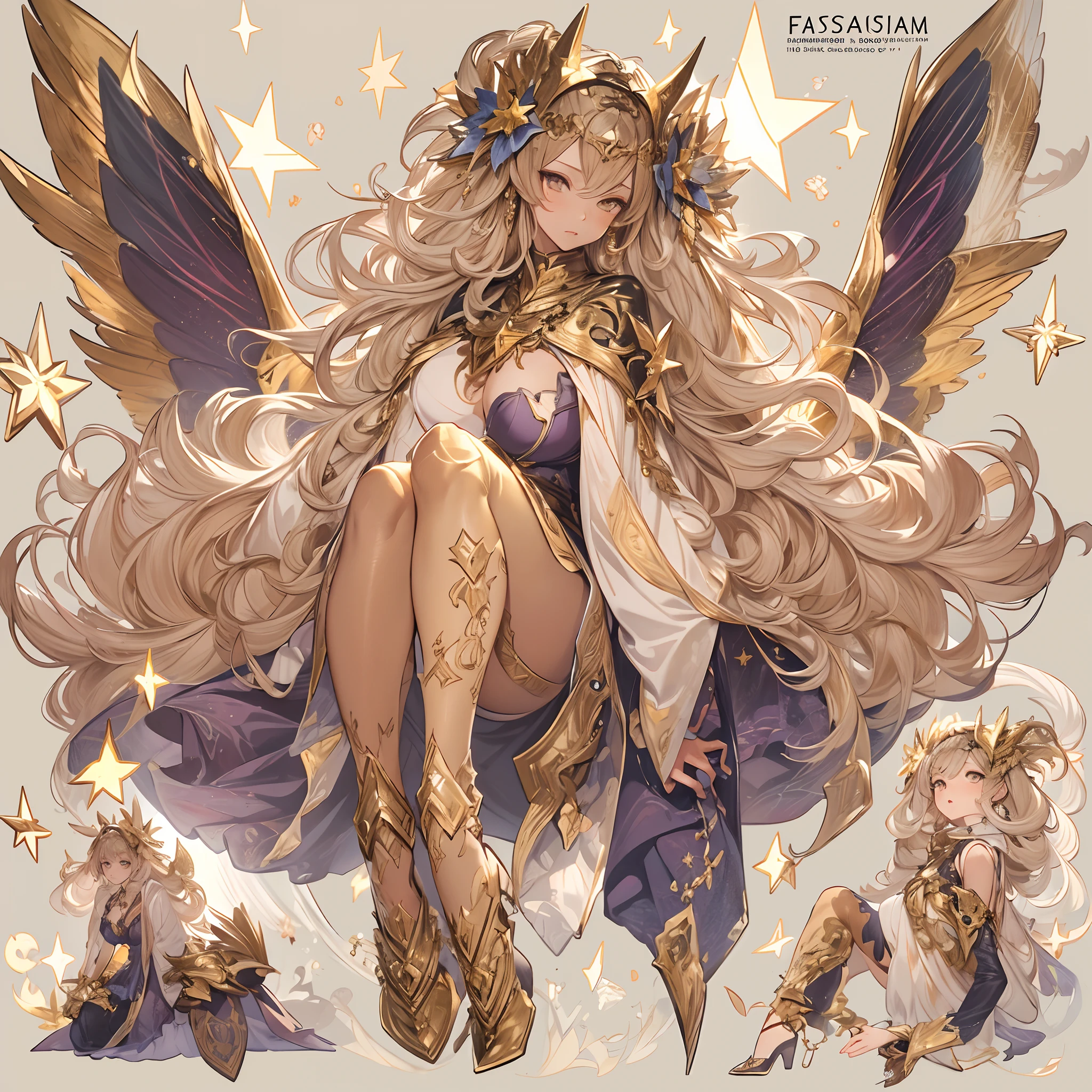((Masterpiece, Highest quality)), Detailed face, CharacterDesignSheet,full bodyesbian, perfectly proportions,Full of details, Multiple poses and expressions, Highly detailed, Martial arts girl,Seductive,Gradient hair color,Detailed eyes, ssee-through,wedding gown,lacepantyhose,Clouds,High Balance, Overhead halo,Natural light,Star decoration