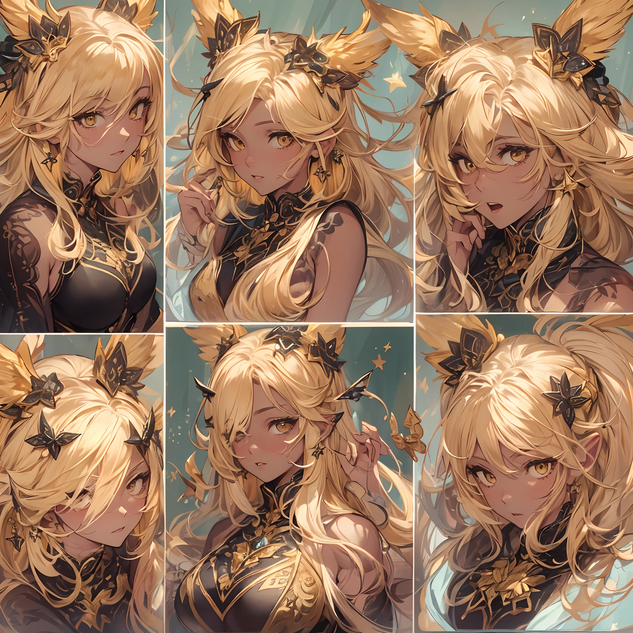 ((Masterpiece, Highest quality)), Detailed face, CharacterDesignSheet， full bodyesbian, Full of details, Multiple poses and expressions, Highly detailed, Depth, Many parts，beuaty girl，magestic，golden colored，Spirit beasts，estilo fantasia，lacepantyhose，Extremely beautiful，High Balance, Natural light,Star decoration