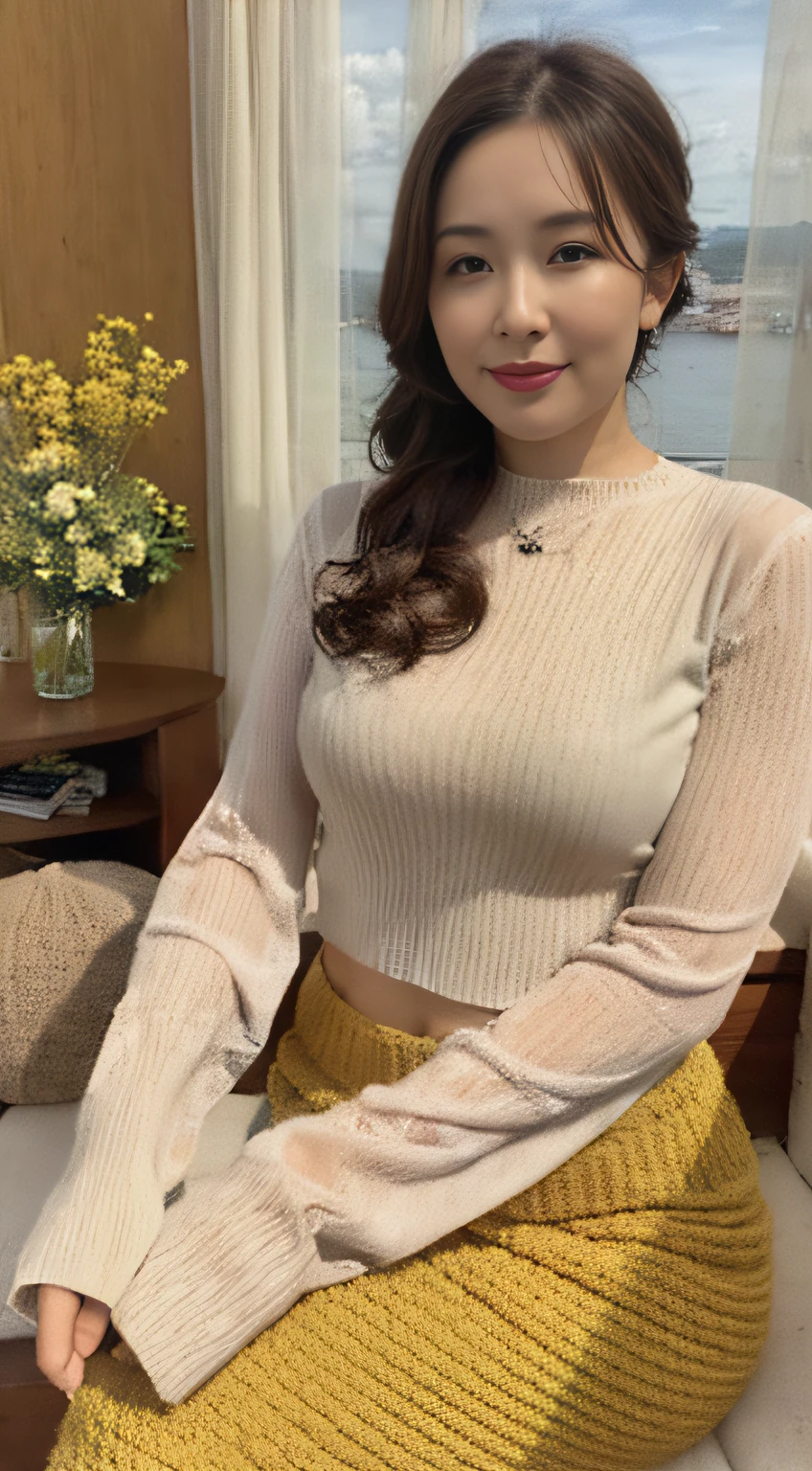 In the living room with sofa, there is a woman in a yellow knitted dress posing for a photo, Crewneck clothes,Knitted tight clothing set, wearing sexy cropped top, clear curvy details, 8K)), ( ivory black ), lacey, The upper part of the body, full - length view,