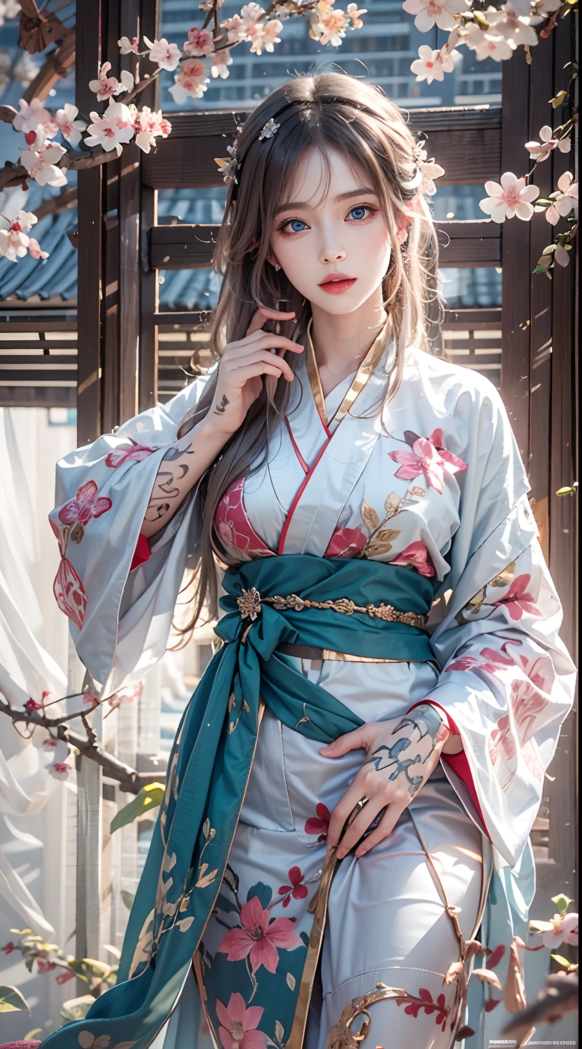 photorealistic, high resolution, soft lights, 1women, solo, hips up, blue eyes, long hair, hanfu, hips up, jewelry, tattoo, cherry blossom