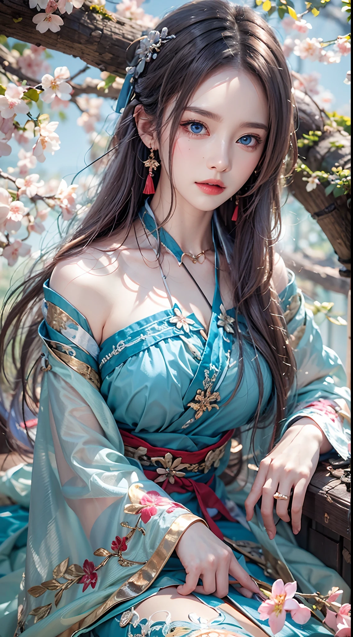 photorealistic, high resolution, soft lights, 1women, solo, hips up, blue eyes, long hair, hanfu, hips up, jewelry, tattoo, cherry blossom