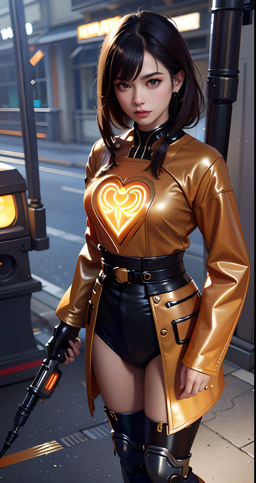 full body shot photo of the most beautiful artwork in the world featuring a modern female, ((pretty Asian woman)), anime, sexy, big eyes, ((urban tokyo futuristic look)), ((neon lights)), night, slow motion, reflections, orange raincoat, (((intricate detail))), ((nostalgia)), ((heart professional majestic oil painting by Ed Blinkey)), Atey Ghailan, Studio Ghibli, by Jeremy Mann, Greg Manchess, Antonio Moro, trending on ArtStation, trending on CGSociety, Intricate, (((High Detail))), Sharp focus, dramatic, photorealistic painting art by midjourney and greg rutkowski