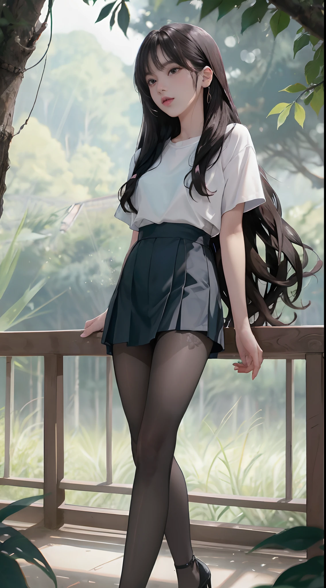 ((Lisa from Blackpink)), white t-shirt, tiny blue pleated skirt, pink panties, black tights to the waist, black high heels, close-up from thighs to face, shot from below, very fair skin, very long hair, wavy hair, camp, Forest, photorealistic, Indirect lighting, volumetric light, ray tracing, hyper-detailed, best quality, very high resolution, HDR, 8k