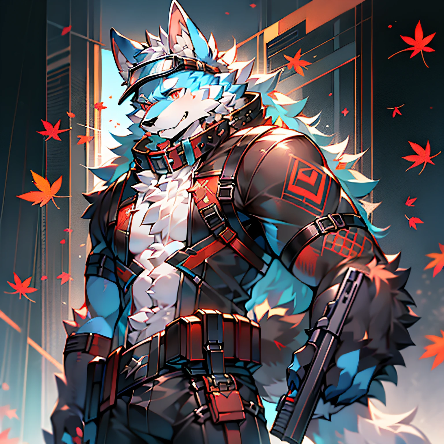 solo person，Furry，werecreature，Male white wolf，Blue fur，Blue tail，White ears，Blood-red eyes，Red collar，musculature，male people，Handsome，（The furry feeling of animal ears），with gun，commando，rifles，cyber punk perssonage，Tech goggles，Maple leaves fall，autumnal