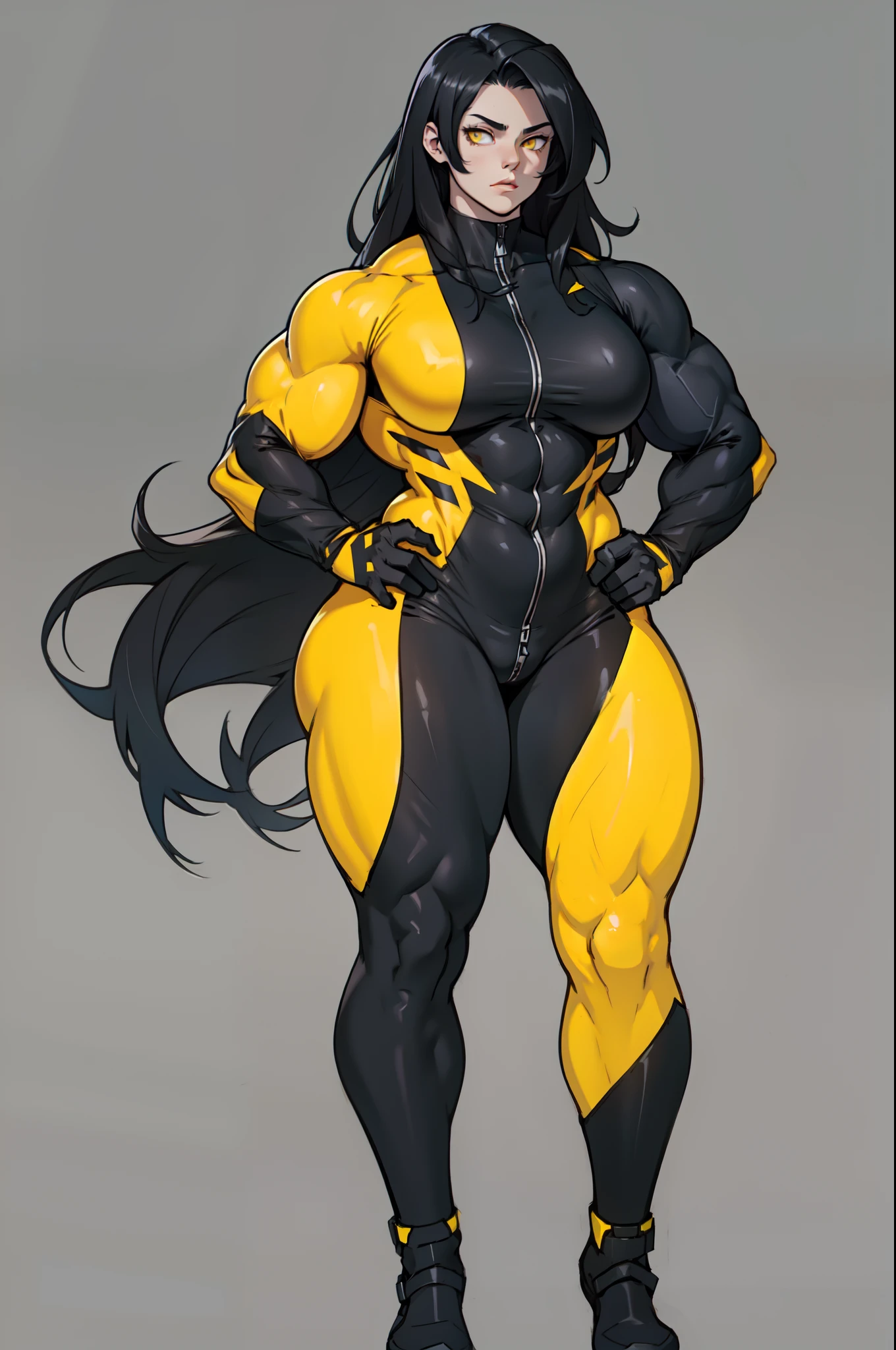 (very long hair), ((grey background)), (((((1 girl))))), black hair, yellow eyes, (((((muscular))))), tall, pale skin, (full body), (black bodysuit), (solo), curvy, wide hips, thick thighs, big breasts