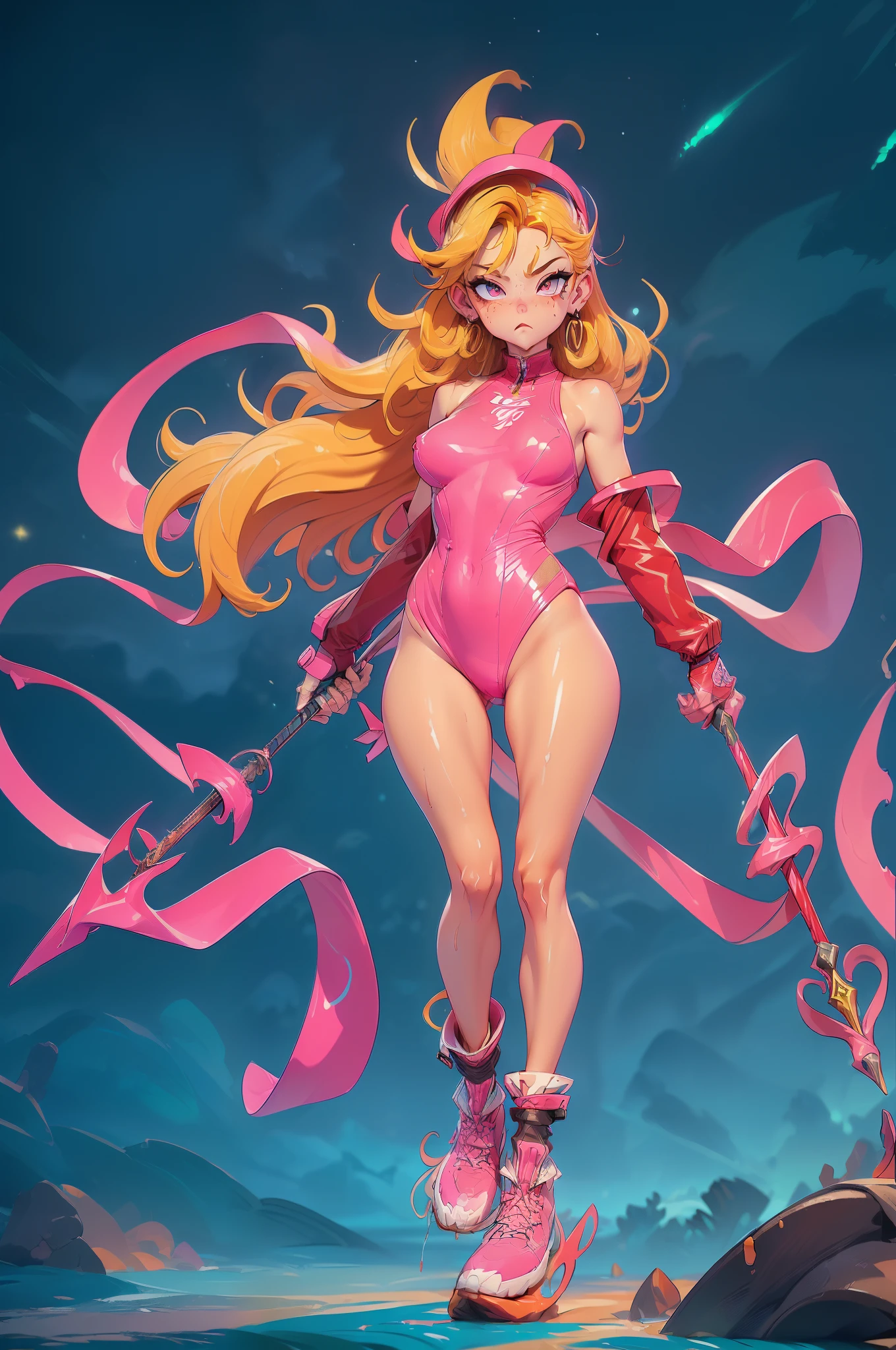 1girl, blood on face, angry, holding spear, (flying), chinese mythology,cloudy, detailed sky, abstract background, (flame_surge_style:0.5) girl swimmer,((girl with extremely cute and beautiful blonde hair)),

(large breasts:1.4),saggy breasts,(((very light blonde hair:1.35,straight hair,long hair:1.4,colored inner hair,ear breathing))),(((neon_pink_eyes:1.3))),intricate eyes,beautiful detailed eyes,symmetrical eyes,((fat)),(((lustrous skin:1.5,bright skin: 1.5,skin tanned,shiny skin,very shiny skin,shiny body,plastic glitter skin,exaggerated shiny skin,illuminated skin, wet legs))),(spider lower abdomen,narrow waist,wide hip,athletic body,inflated legs,detailed body,(detailed face)),

cute,slutty,seductive,erotic,(((nsfw))),

zettai ryouiki,((one-piece_swimsuit magenta,wearing a one-piece_swimsuit outfit:1.3,swimsuit type spacesuit,magenta armor swimsuit:1.3)),((wet clothes,intricate outfit,intricate clothes)),

(dynamic pose:1.0),embarrassed,(centered,scale to fit dimensions,Rule of thirds),

cyberpunk city by the ocean at night, with bright neon signs and dark stormy clouds and puddles, scenery:1.25,

artistic photography,(photography taken by sldr),highres, sharp focus, (ultra detailed, extremely detailed), (photorealistic artwork:1.37),(extremely detailed CG unity 8k wallpaper),((synthwave background theme)),(((vibrant colors))),(intricate background),(masterpiece),(best quality),