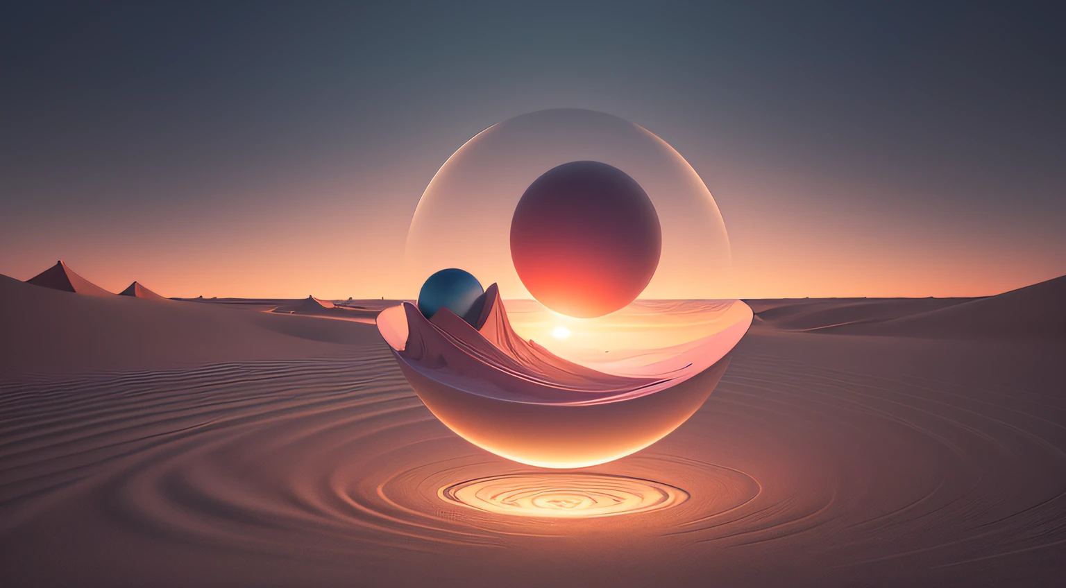 Obra-prima surrealista. qualidade excepcional. 4k. detalhes surpreendentes. Surreal CG rendering. Um deserto. Bolas empilhadas no canto. Imagem em tons de vermelho e rosa. Experience the fusion of abstract and realistic elements. cores vibrantes e contrastantes, circles or geometric shapes levitating around. Atmosfera misteriosa. Surrealist technique in the representation of objects and figures. Organic textures and shapes. Amazing composition and perspective. Derretando nos cantos da imagem