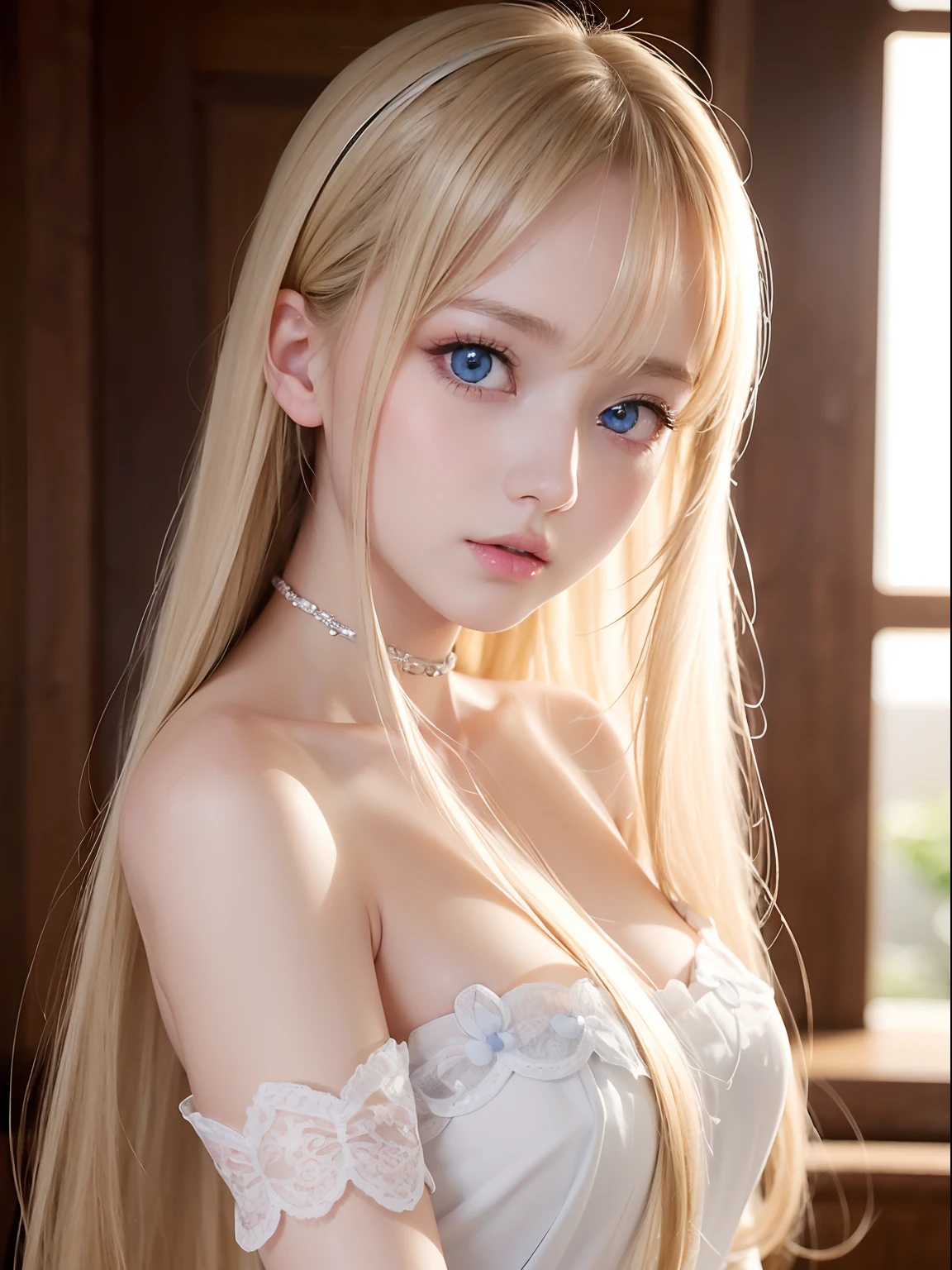 Very beautiful shiny cute face、shiny beautiful white skin、Highlights of glowing cheeks、Beautiful cute sexy pale blue eyes、Big double eyelid eyes、Beautiful very long shiny silky pale blonde straight hair、Sexy 18 years old、Cute beautiful girl with long bangs swaying、The most beautiful western girls in the world、Round face、Adorable appearance、