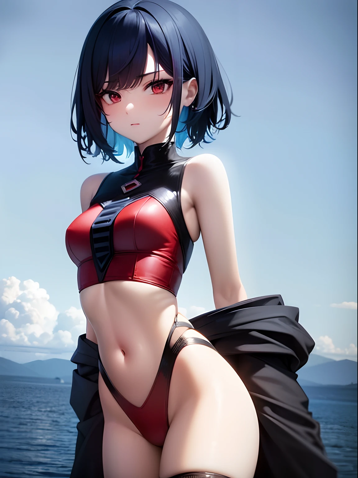 ((tmasterpiece，4k wallpaper，best qualtiy))ganyudef,  Be red in the face,  In the daytime, simple backgound, blue-sky, short detailed hair,  Moody light,light blue  hair，light particules，Blue Themes，Busty body，face expressionless，Brilliant，smooth thigh