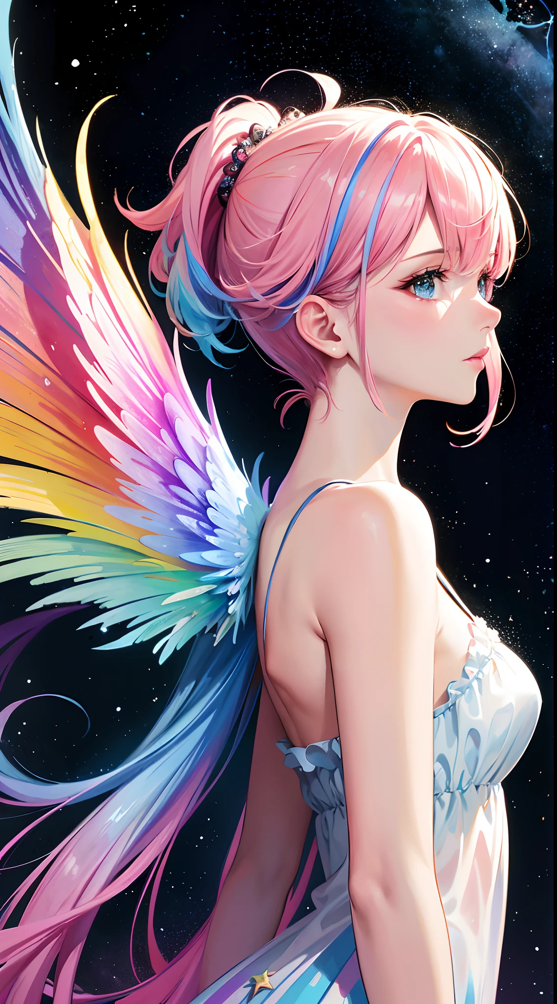 (masterpiece, top quality, best quality,watercolor (medium),official art, beautiful and aesthetic:1.2),(1girl:1.3), (fractal art:1.3),upper body, from side,rainbow angel wings, looking at viewer,patterns,(rainbow color Hair,colorful hair,half blue and half pink hair:1.2),water,liquid, cloud,colorful, starry,stars, HD lighting and dark )(epic image quality)(many effects in background)