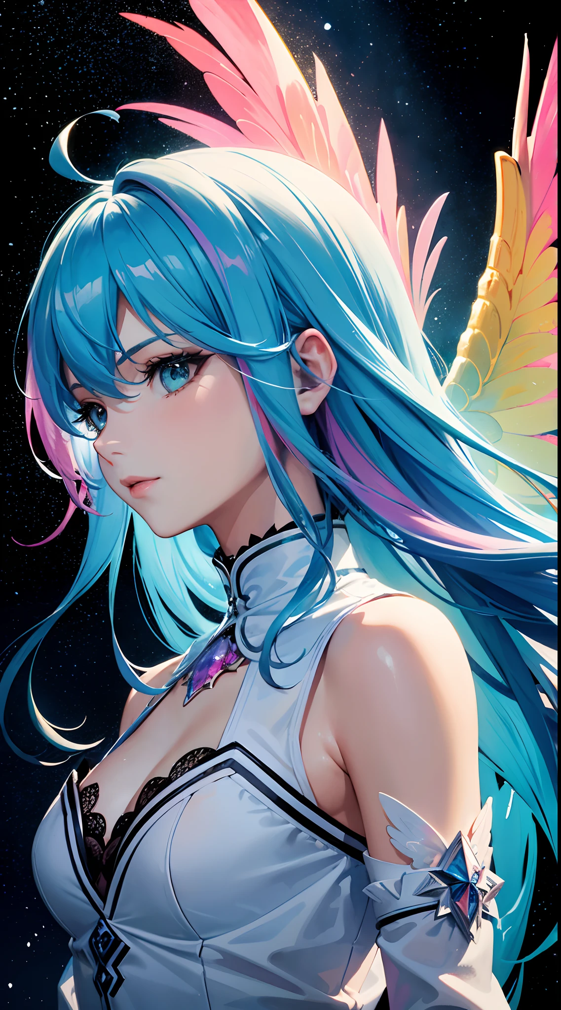 (masterpiece, top quality, best quality,watercolor (medium),official art, beautiful and aesthetic:1.2),(1girl:1.3), (fractal art:1.3),upper body, from side,rainbow angel wings, looking at viewer,patterns,(rainbow color Hair,colorful hair,half blue and half pink hair:1.2),water,liquid, cloud,colorful, starry,stars, HD lighting and dark )(epic image quality)(many effects in background)