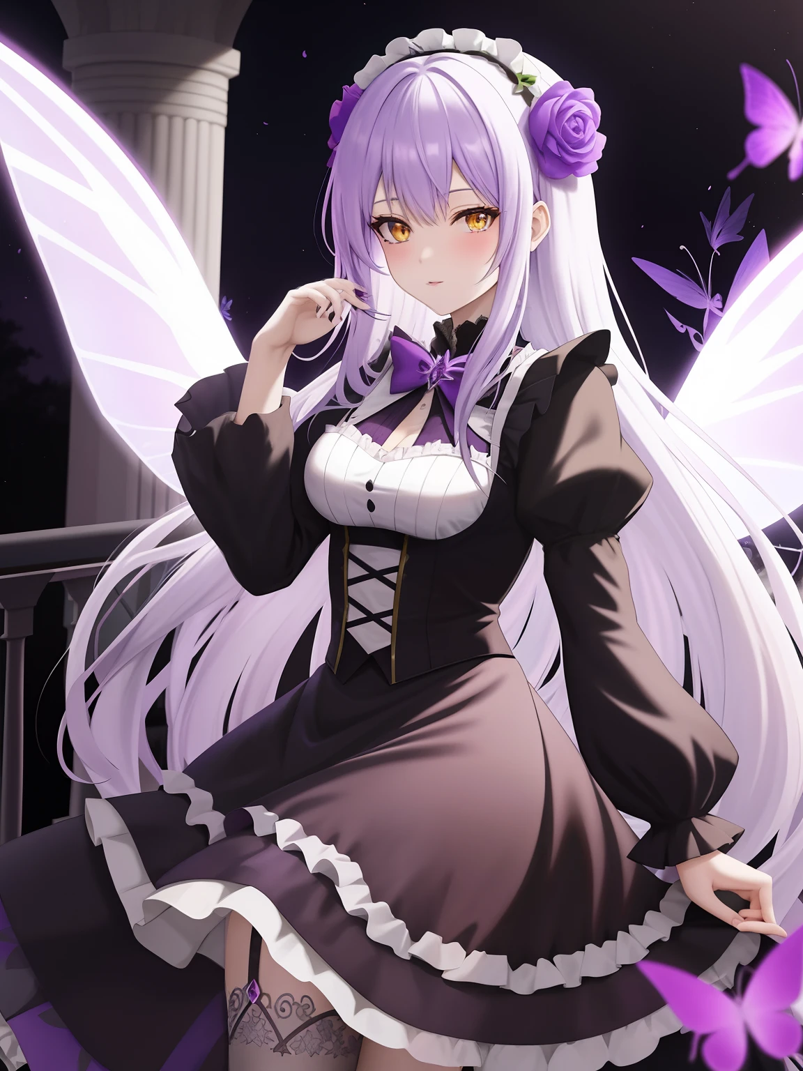 Anime game Arcane Garden's of the Great White Empire - Fairy young girl, long hair, white-purple hair, yellow eyes, purple butterfly wings, gothic maid dress, dark purple dress, dark stockings, purple licorice flower in her hands, background of the balcony of the Sikhoinakh Palace