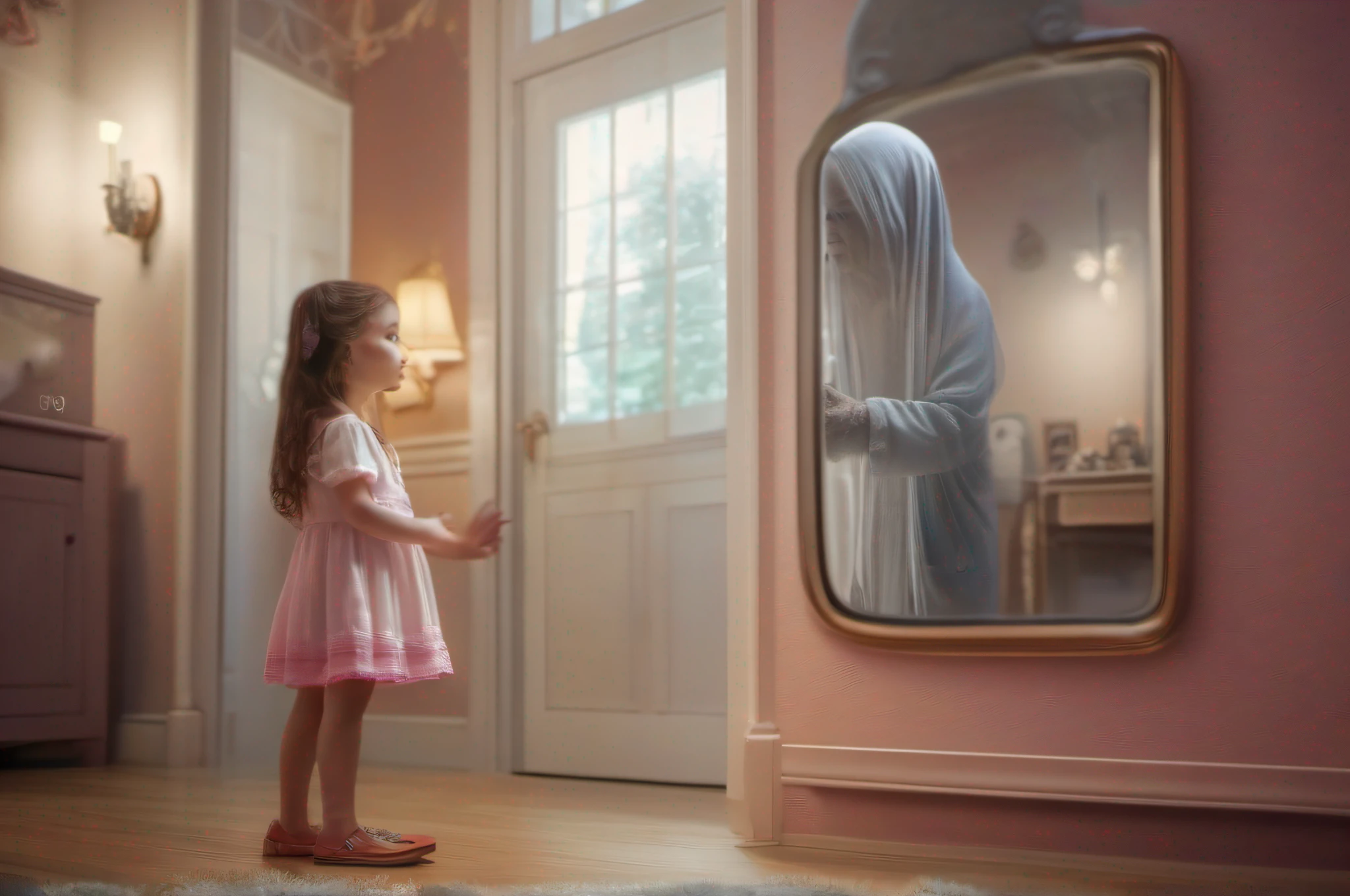 A seven year old girl talking to her grand mother's ghost super imposed on her reflection in the mirror, photorealistic, ultra wide angle lens, bright and shiny kawaii, depth of field, modern photography, color correction. HDR, UHD 32k. --AR 16:9, --v 5.2,