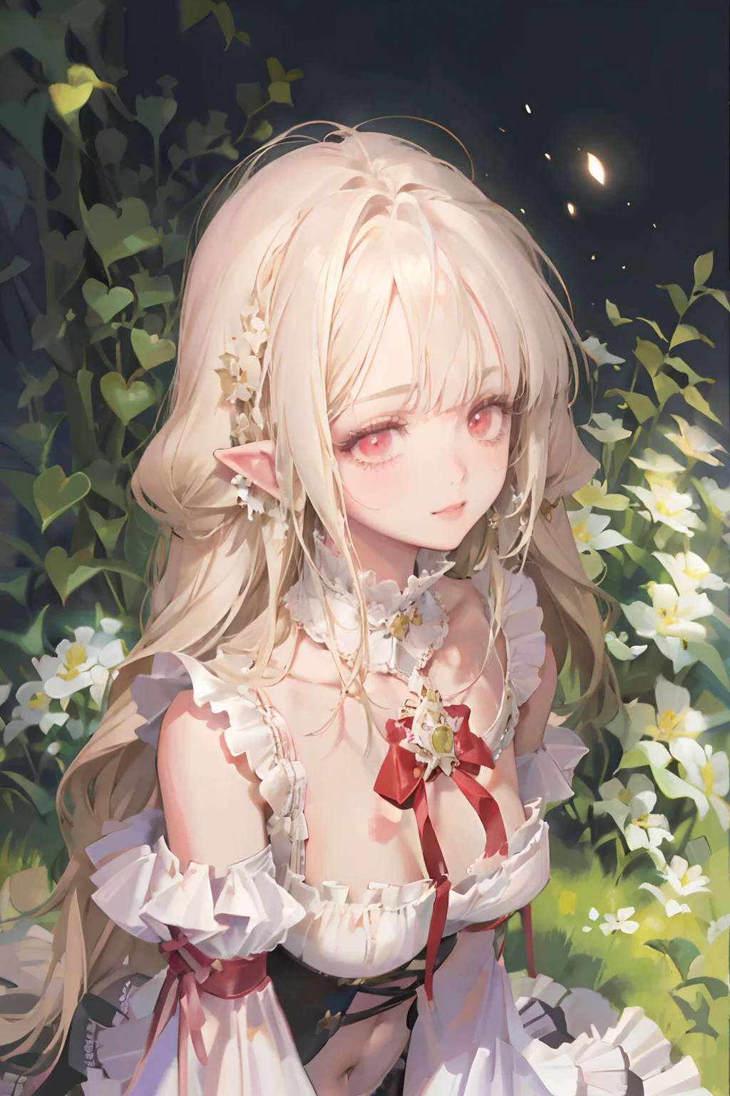 Original Character, Volumetric Lighting, Best Shadows, Shallow Depth of Field, Close Up Of Stunningly Beautiful Girl, Petite, Wide Hips, Thick Thighs, Slight Chubby, Small body, Delicate Beautiful Attractive Face With Alluring Red Eyes, Sharp Eyebrows, Half Open Eyes, Elf ears, Cute Smile, Lovely Big Breasts, Layered Long Blond Hair With Ribbon Tied To A Part Of Hair On The Side, Blunt Bangs, Long Straight Hair, Pale Skin, Ear Piercings, Blush Eyeshadow, Blonde Thick Eyelashes, Long eyelashes, Slim Waist, Lace Lingerie Princess Dress, see through dress, (Garden Background:1.1) , Sitting Down, Sitting in stream of Water, Half-Body, Posing, (Highest Quality, Amazing Details:1.25), (Solo:1.3), Brilliant Colorful Paintings, Looking At Viewer