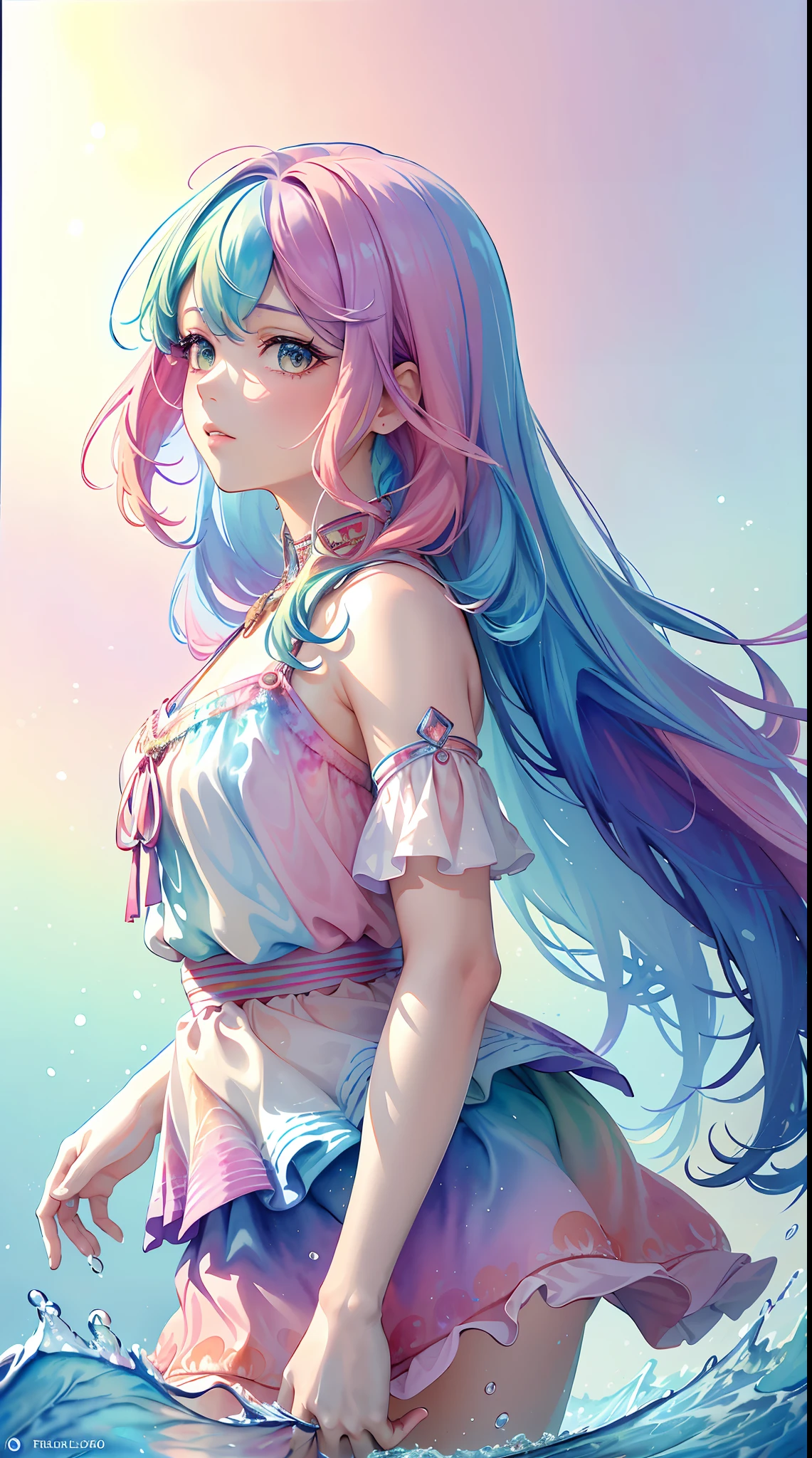 (masterpiece, top quality, best quality,watercolor (medium),official art, beautiful and aesthetic:1.2),(1girl:1.3), (fractal art:1.3),upper body, from side, looking at viewer,patterns,(rainbow color Hair,colorful hair,half blue and half pink hair:1.2),water,liquid, cloud,colorful, starry,stars,