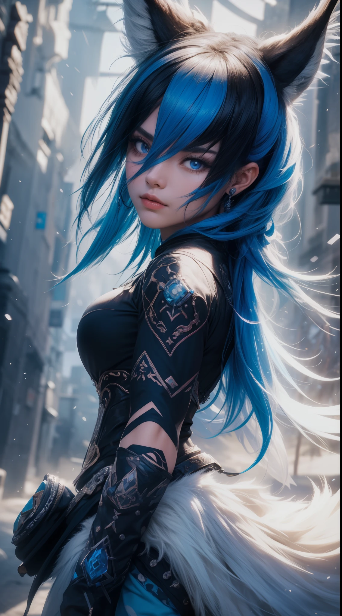 obra maestra, Disparo de vaquero, (1mujer), (Zorro blanco), (Vestimenta tribal:1.2), (Hermosos ojos azules), ((tribal (Aquila) tatuaje)), colores blanco y azul, Fondo brumoso, dynamic pose, (mirando al espectador), (Front view),( lobo:1.4),(desde el cielo), (Bokeh:1.2),8k, 。.................3D, realista, Ultra Micro Photography, of the highest quality, Super detalle CG Unity 8k
