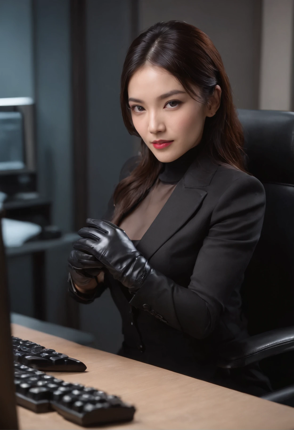 Wearing black leather gloves in both hands, upper body, black business suit, facing the desk in my room with a computer in the dark, tapping the keys of the computer keyboard with the fingertips of black leather gloves while looking at the screen, black hair bundled in the back for a long time, Japanese female new employee (black leather gloves cover both hands) (angle is in the front)