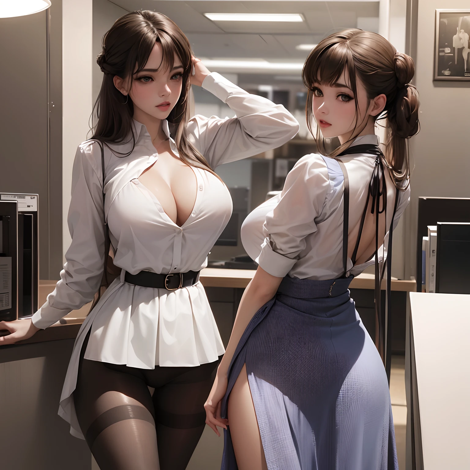 finest image, female, sexy, beautiful, cute, amorous expression, lewd expression, ecstasy, orgasm, light brown glossy braided bangs single bun hair, blue sparkling big eyes, red alluring moist lips, huge breasts, great proportion, long thin legs, (unbuttoned white shirt, slit skirt, black pantyhose and amazing ass peeking through the slit), background office room, professional lighting