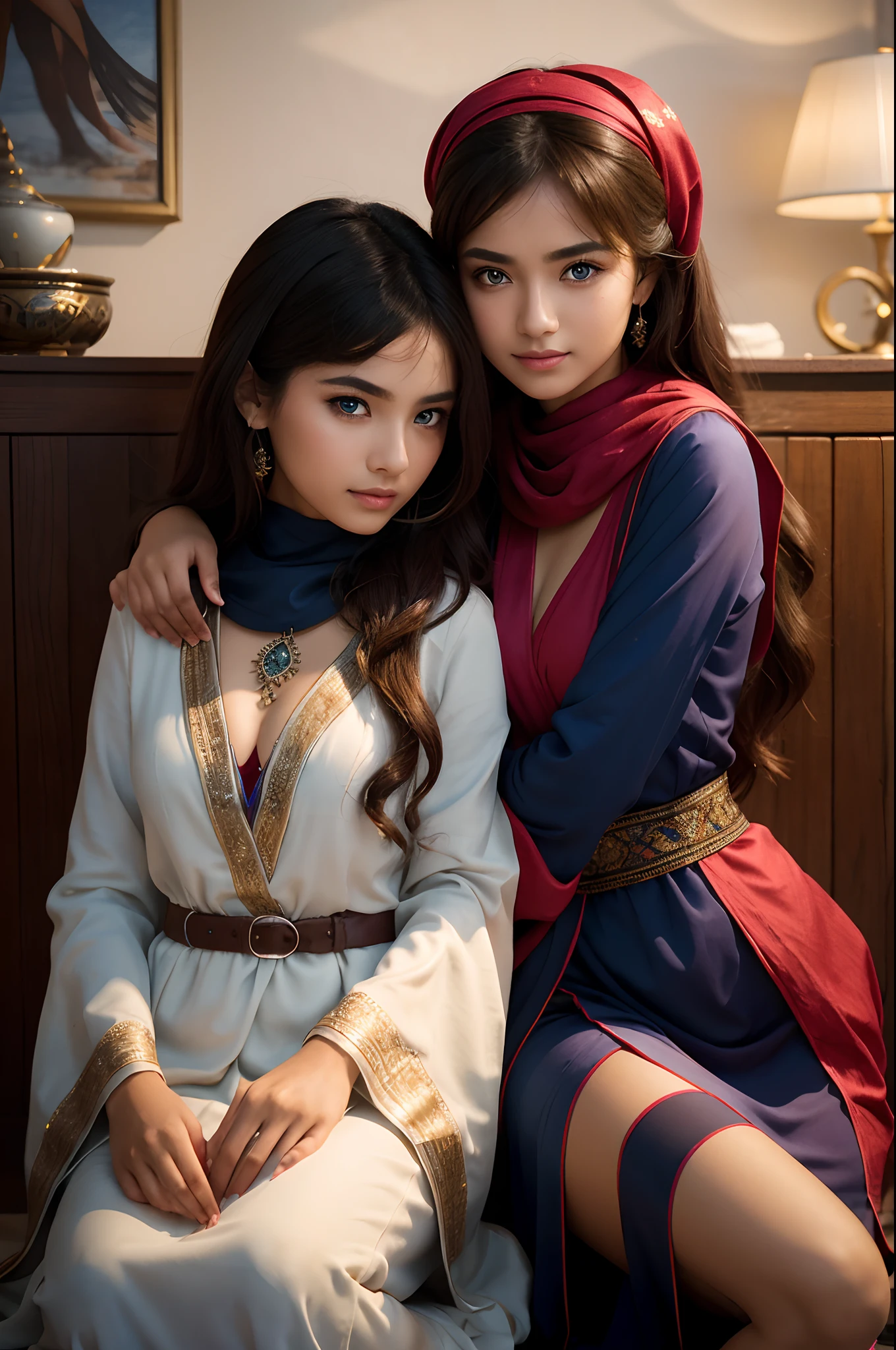 2 girls kneeling,duo,top-quality、Extremely Delicately Beautiful、(Strange blue and red eyes)、arabian clothes 、silber hair、femele、((Brown skin)),Front lens,(Close-up Shot Shot:1.6),best qualtiy,f / 1 HD photography T bokeh,Depth of field macro,