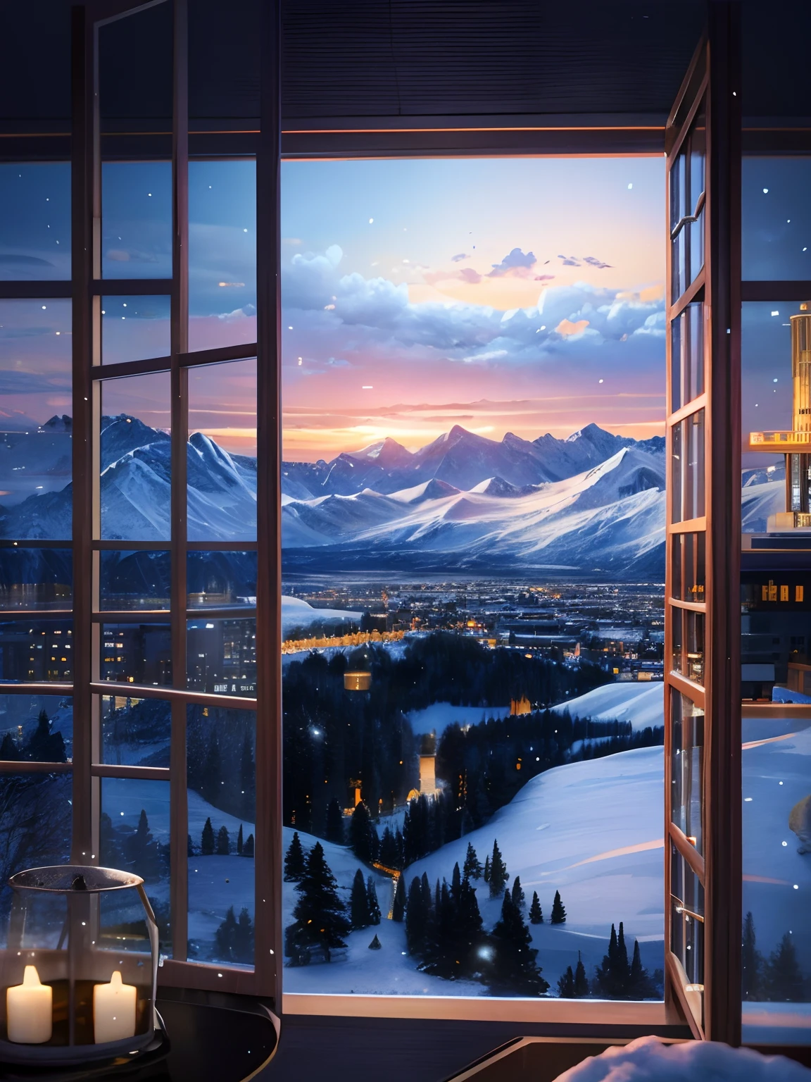 snow mountains,Light,(globalillumination、radiography、hdr、The rendering is not realistic、reasonable design、high detal、in a panoramic view、best qualtiy、hyper HD) A city on the top of the snow-capped mountains of the world,Lonely Guardian
