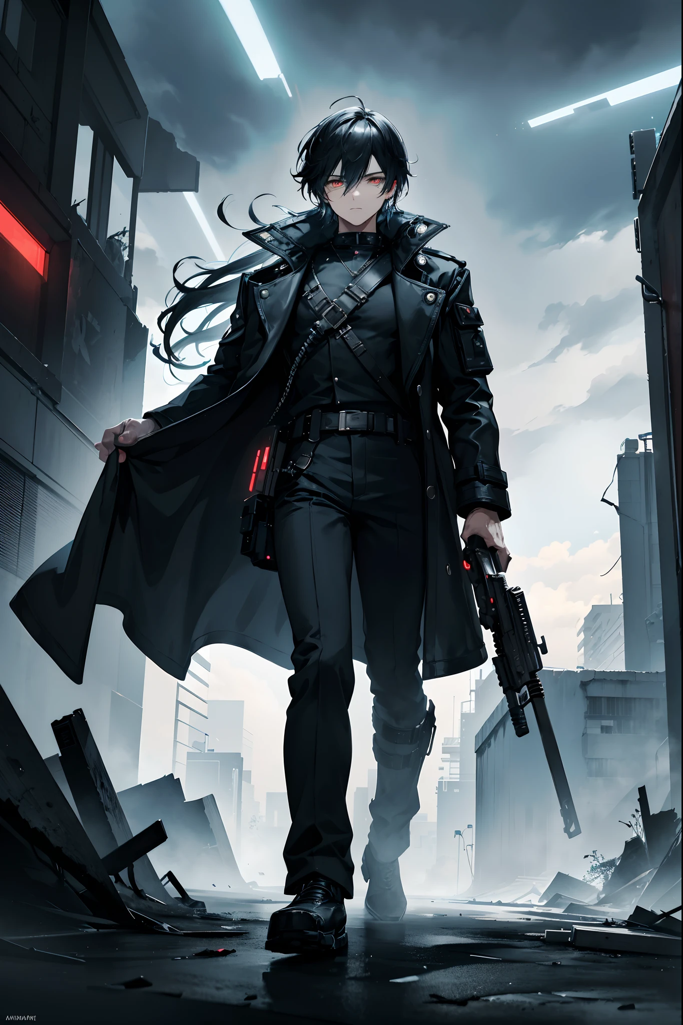 An attractive man,glitchwave style,lora font,standing in an apocalyptic wilderness, gunslinger, bounty hunter, with a detailed face and jawline, intense eyes, rugged appearance, wearing a worn-out trench coat, holding a vintage revolver, surrounded by crumbling buildings and ruins, dust and debris in the air, a stormy sky filled with dark clouds and lightning, dramatic lighting casting shadows on his face, a sense of mystery and danger in the air, with a touch of cyberpunk elements, vibrant and saturated colors to enhance the futuristic atmosphere, high resolution details to capture every crease and texture of the man's clothing and environment, creating a visually striking masterpiece.