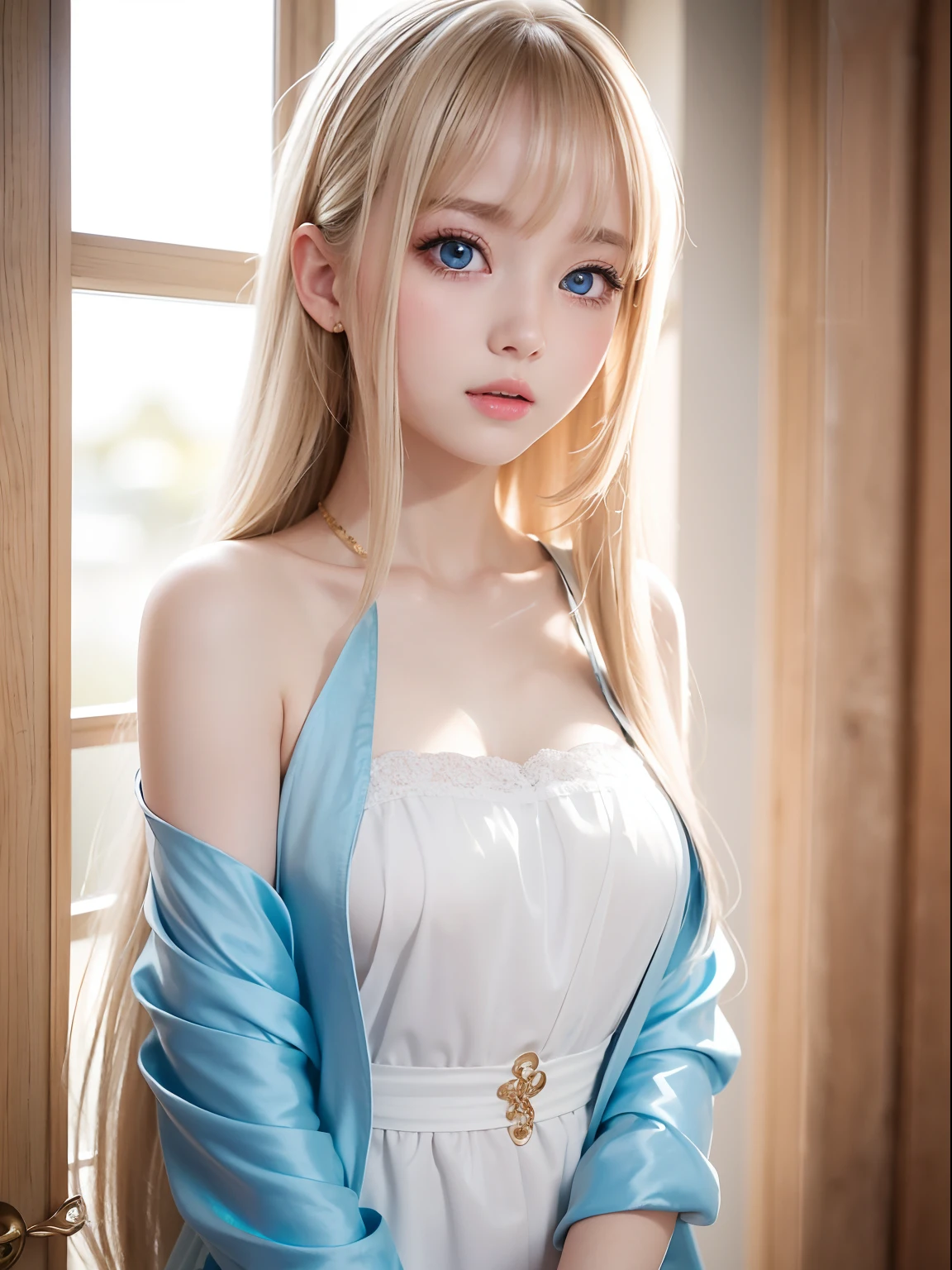 Very beautiful shiny cute face、shiny beautiful white skin、Highlights of glowing cheeks、Beautiful cute sexy pale blue eyes、Big double eyelid eyes、Beautiful very long shiny silky pale blonde straight hair、Sexy 18 years old、Cute beautiful girl with long bangs swaying、The most beautiful western girls in the world、Round face、Adorable appearance、