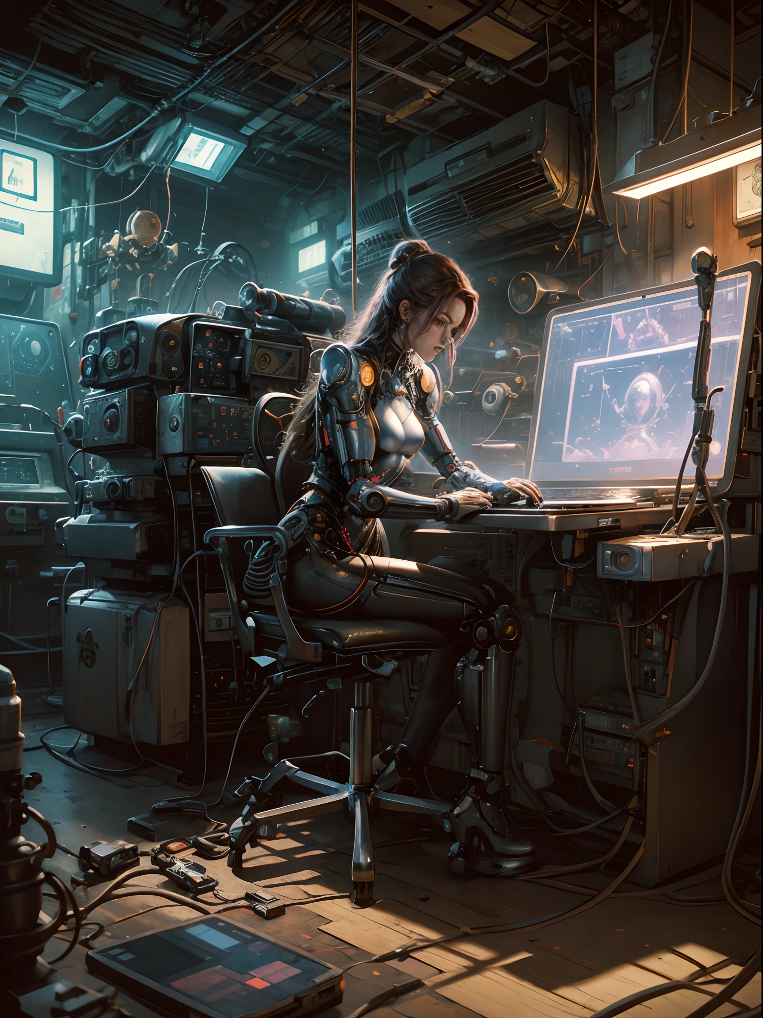 A retrofuturistic scene of an arcade wired mess on macbook laptop, mechanical delay, wiring components, ultrago austin metal wiring, iris van Buren, Karol Bak, Kiichi Obituary by Beksinski, david falls fanart robot machine