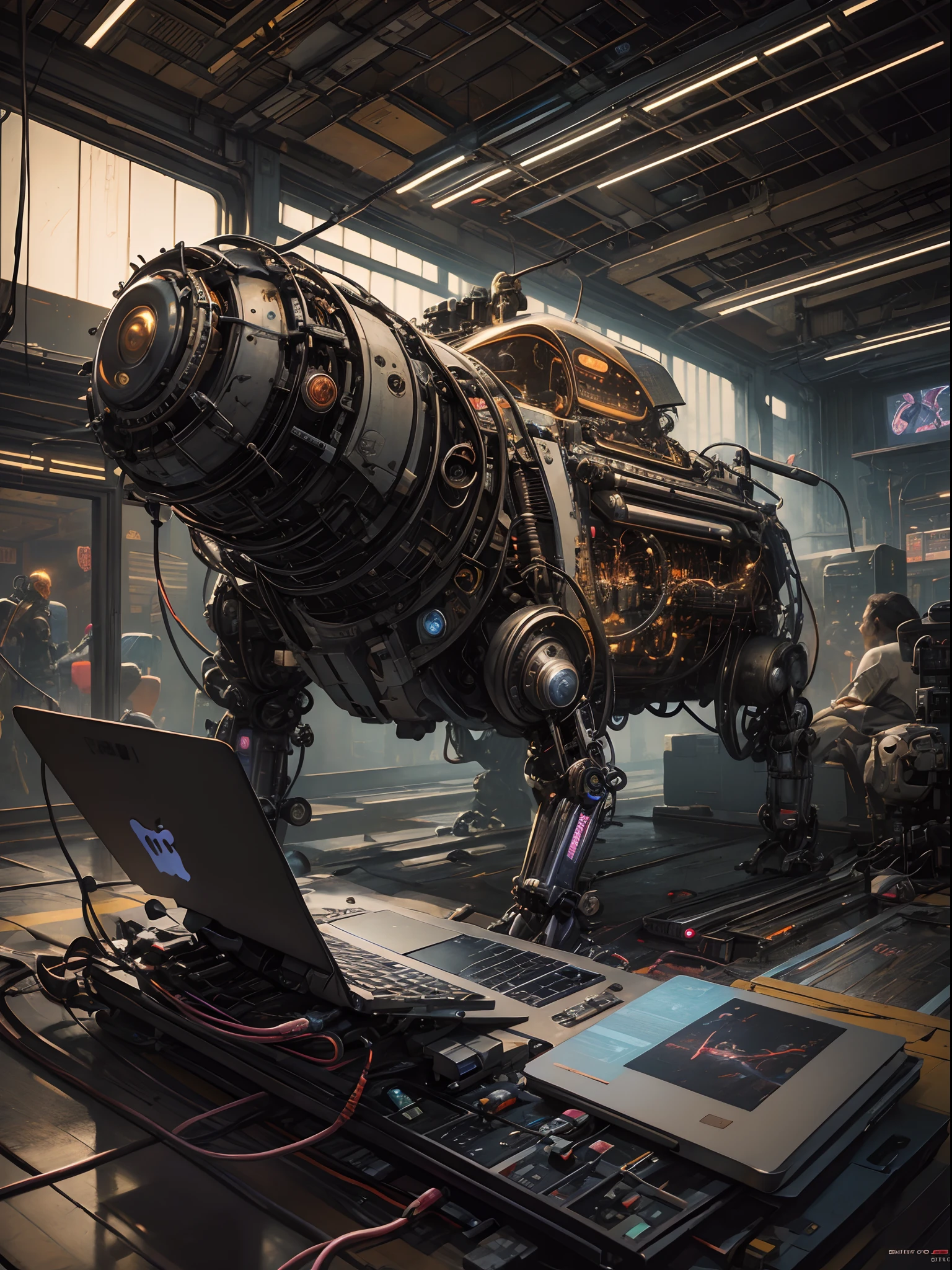 A retrofuturistic scene of an arcade wired mess on macbook laptop, mechanical delay, wiring components, ultrago austin metal wiring, iris van Buren, Karol Bak, Kiichi Obituary by Beksinski, david falls fanart robot machine